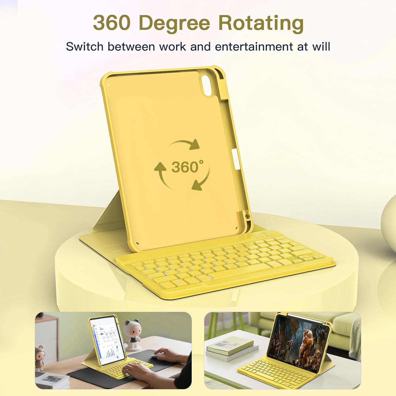 for iPad 11th(A16, 2025)/10th Generation Case with Keyboard, 360° Rotatable Case & Detachable Backlit Keyboard, Precision Cutouts and Pen Holder for iPad A16 11''/10th 10.9'', Yellow - Image 3