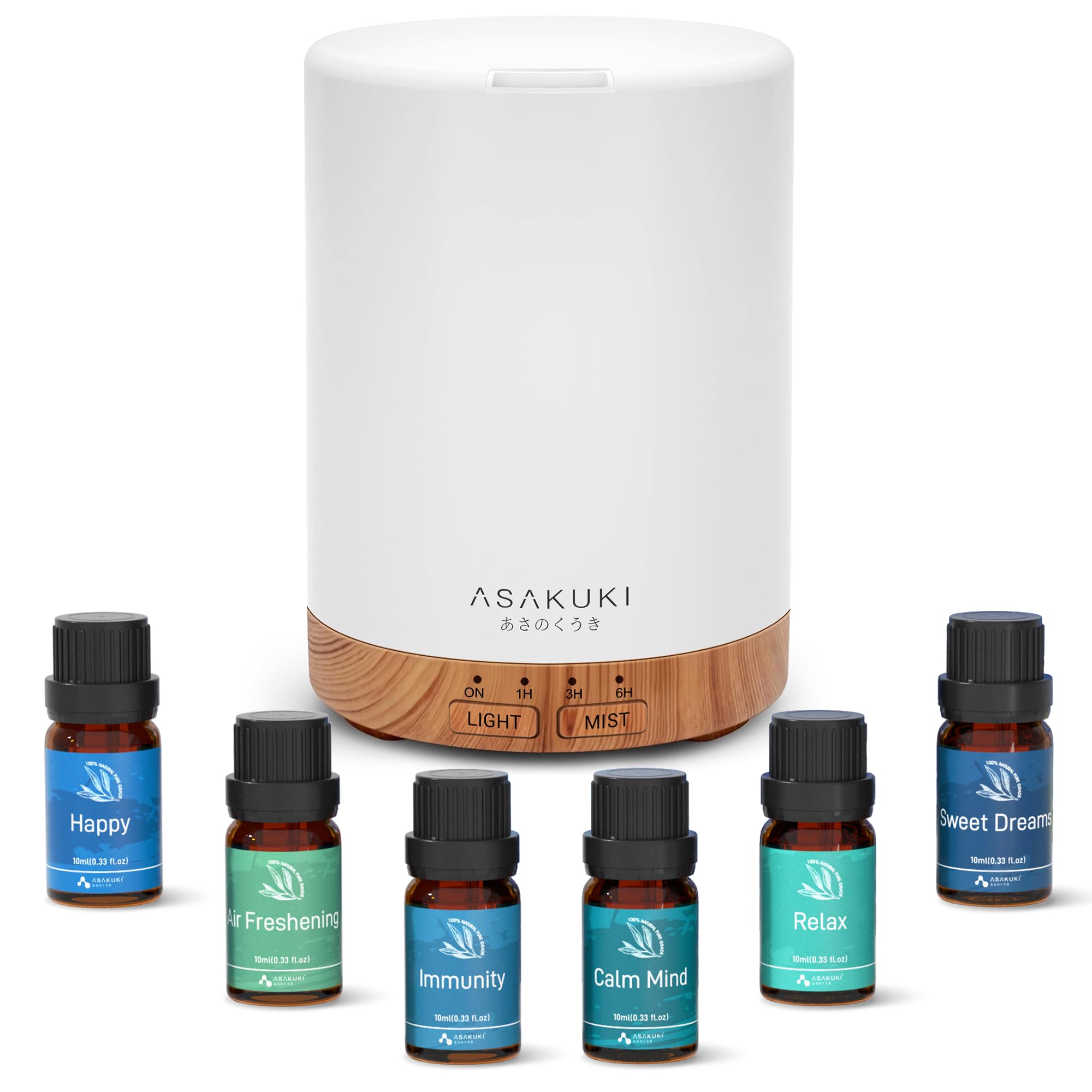 ASAKUKIEssential Oil Diffuser, Aromatherapy Cool Mist Home Humidifier with 7 LED Color Changing Light and Auto-Off Safety Switch, 6 Essential Oils Set, 300ml (Brown with Oils)Global Recycled StandardGlobal Recycled StandardGlobal Recycled Standard