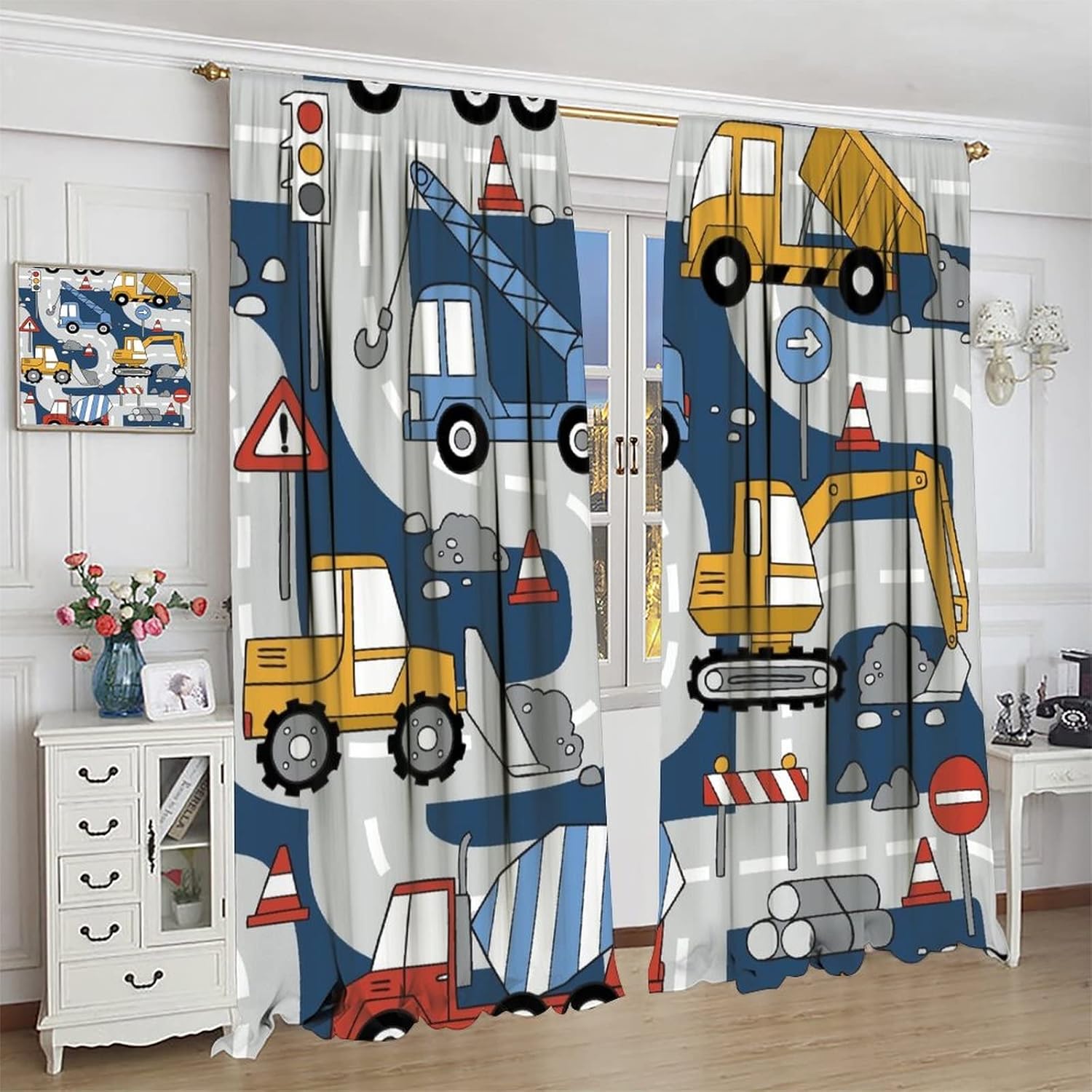 Construction Truck Curtains Rod Pocket Cartoon Excavator for Boys Kids Child Machinery for Living Room Bedroom Window Drapes Treatment Fabric Set 2 Panels,42x63 Inches