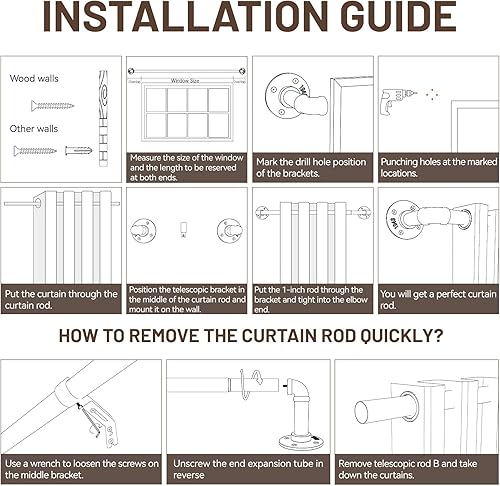 Miniatura 7 de Zeerobee Barras de cortina para ventanas de 48 a 84, barra de cortina industrial de 1 pulgada, barras de cortina negras envolventes, barra de