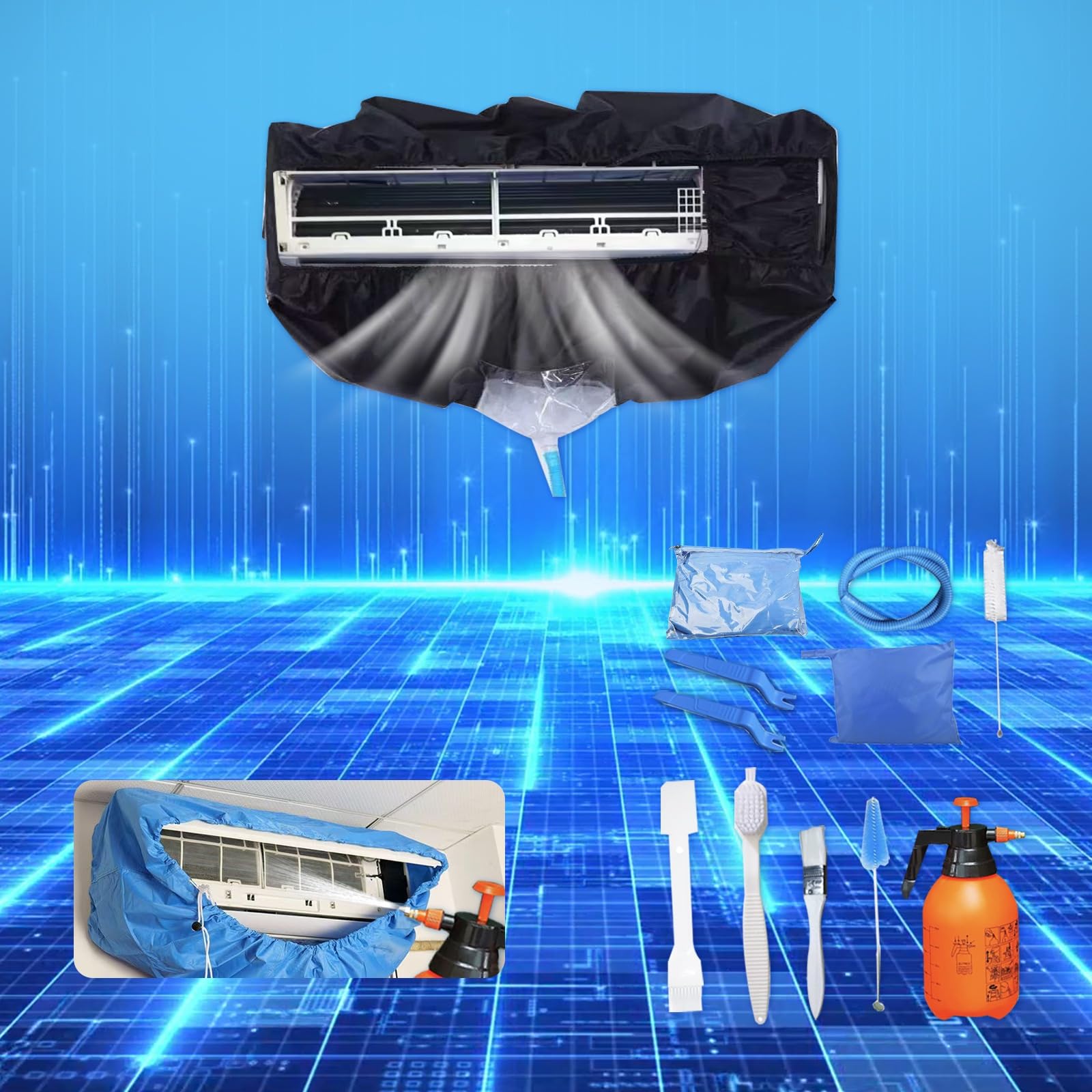 Kit de limpieza Kikepilm de 12 piezas para aire acondicionado split con botella de 2 l, kit de limpieza para aire acondicionado de pared(Negro, grande)