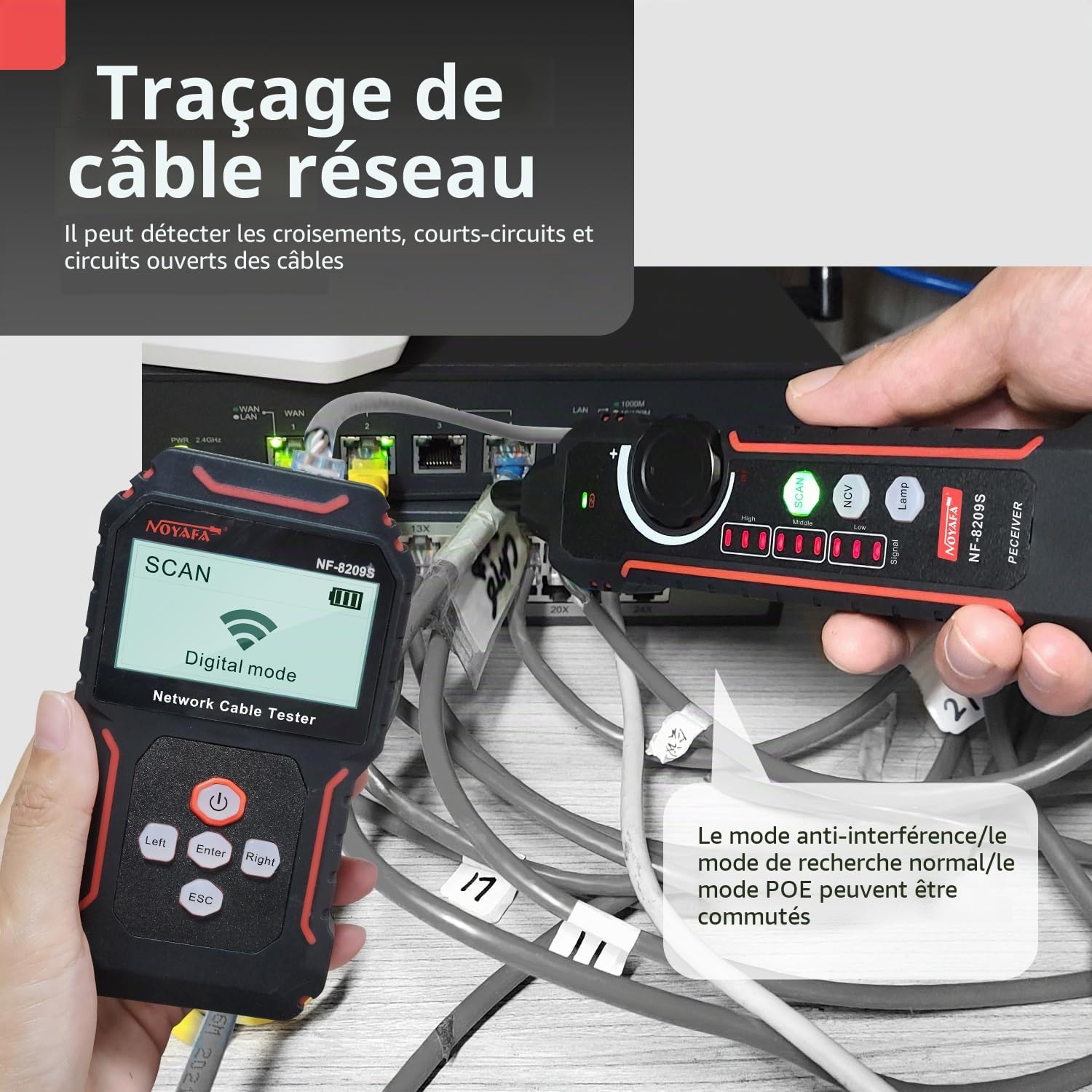 NOYAFA Testeur de câble réseau avec POE, traceur de fils avec test de longueur de câble, clignotement de port, NCV pour câble réseau, prend en charge le chargement de type C NF-8209S
