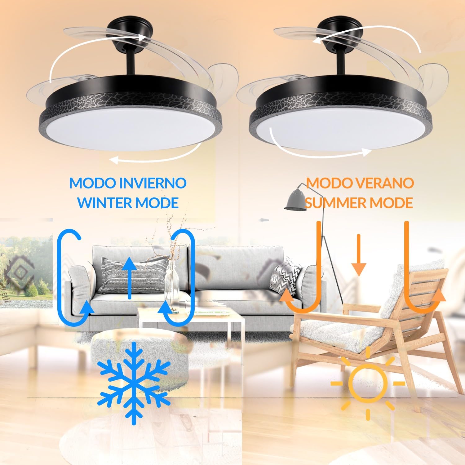 M mimotec - Ventilatore da soffitto a LED Black Rail, temperatura di colore regolabile, funzione estate/inverno, 6 velocità, LM8850