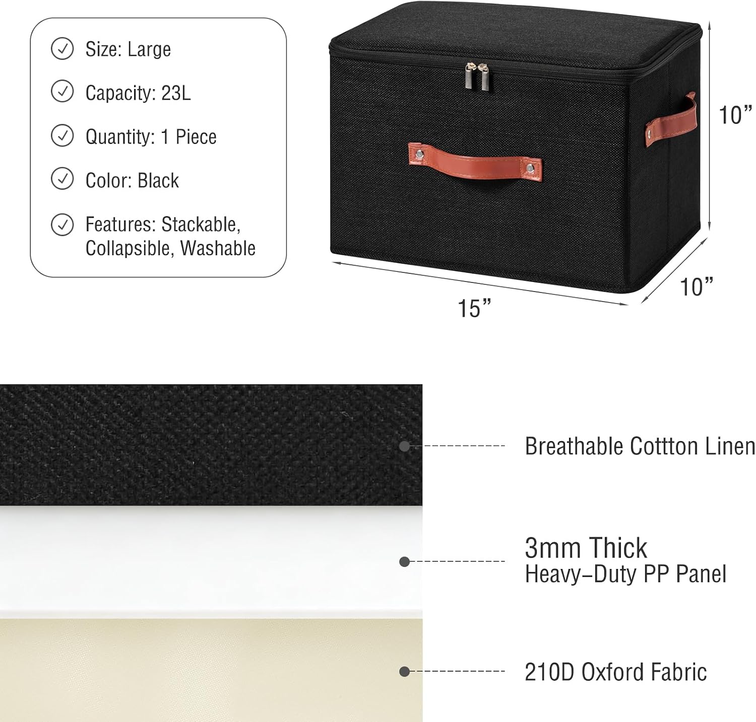Storage Bin Box with Zippered Lid Decorative Collapsible Basket | Cotton Linen Fabric, Washable Foldable Stackable Clothes Container, Closet Shelf Organizer w/ PU Leather Handles, Black-Large