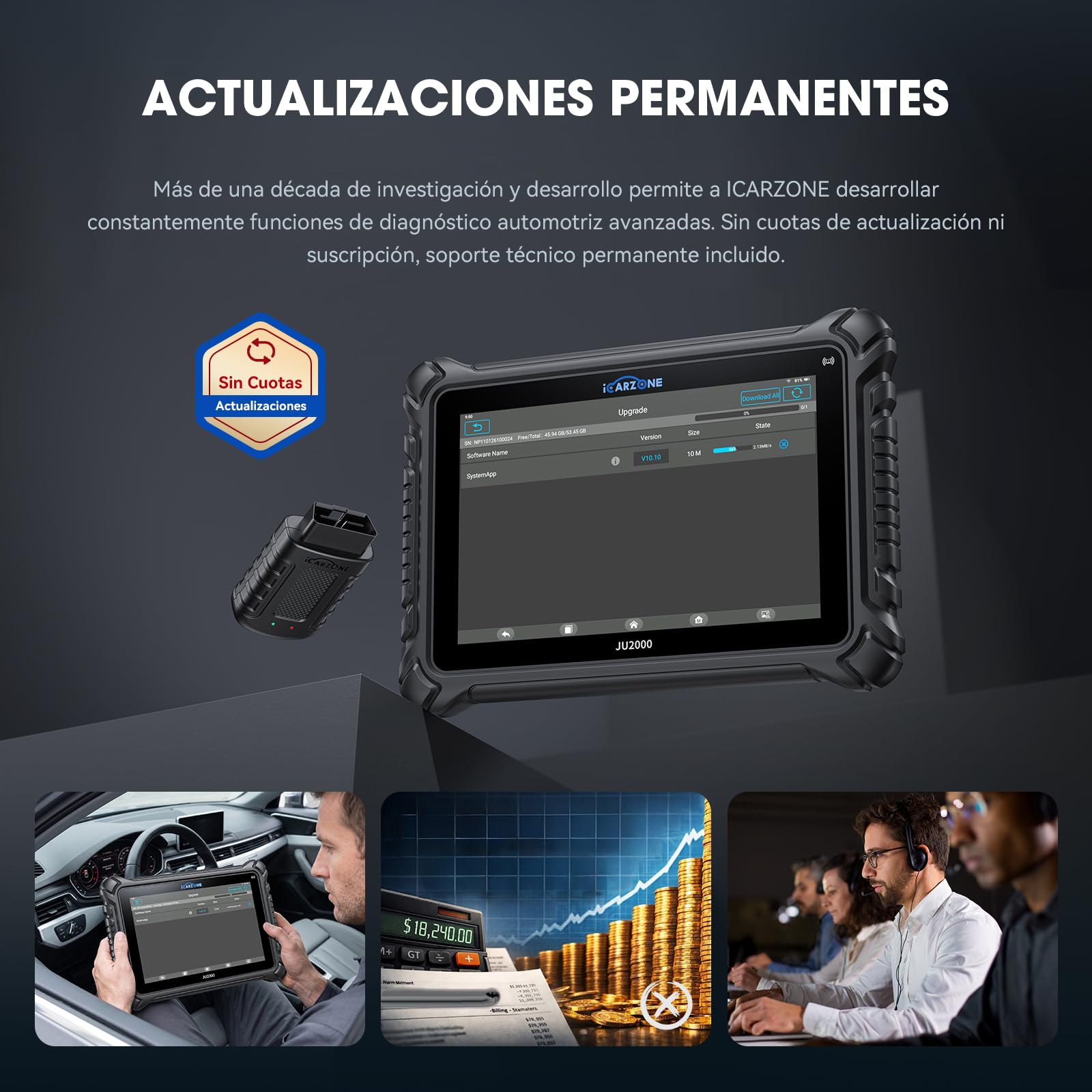 JU2000 Máquina Diagnosis Coche, Escáner de Todos los Sistemas con Bluetooth, 50 Servicios, Codificación ECU, Prueba Activación, Auto Vin, CANFD, DoIP, Programación TPMS, Actualización WiFi