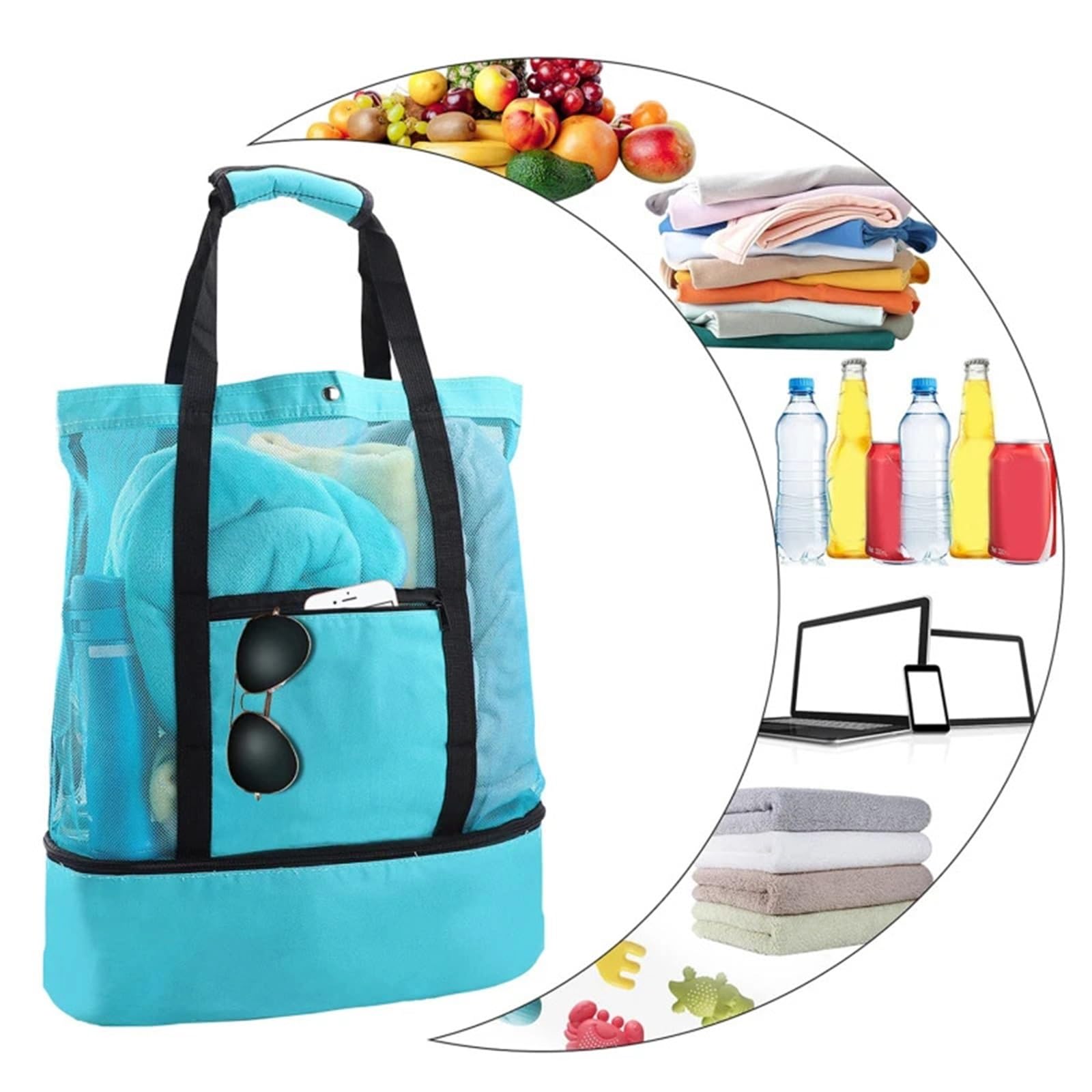 Sac fourre-Tout de Plage pour Femme, Sac de Natation à Double Couche fourre-Tout Plage en Maille Conservation la Chaleur Noir