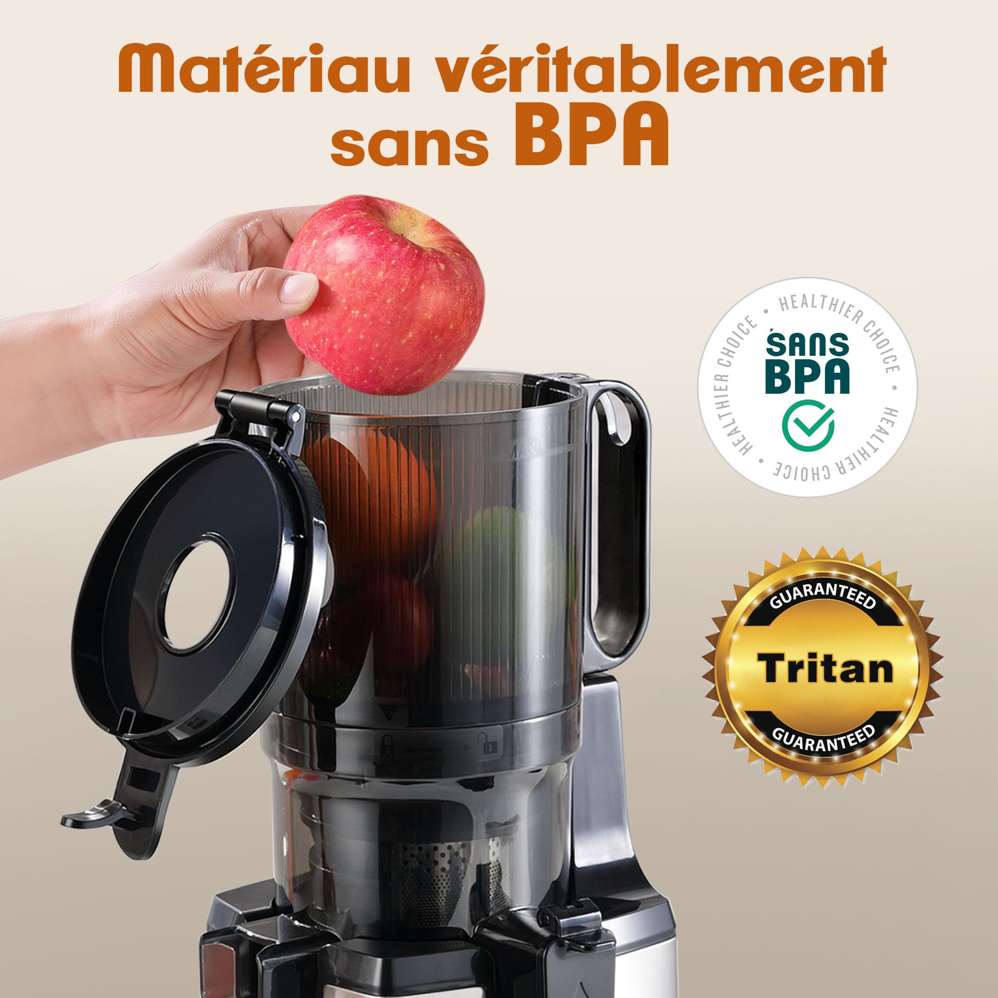 Fretta Extracteur de Jus à Mastication Lente 250W, Grande Goulotte 135mm, Sans BPA, Acier Inoxydable