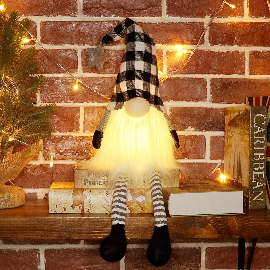 EDLDECCO Christmas Gnome with Light Timer 27 Inches Set of 2 Plaid Buffalo Check Nisse Figurine Plush Swedish Nordic Tomte Scandinavian Elf X'Mas Holiday Party Decorations Home Decor (Red & Black)