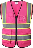 Vista 12 de Chaleco de seguridad de malla reflectante para hombres y mujeres, con 5 bolsillos y cremallera frontal, chaleco de malla de alta visibilidad Hi Vis