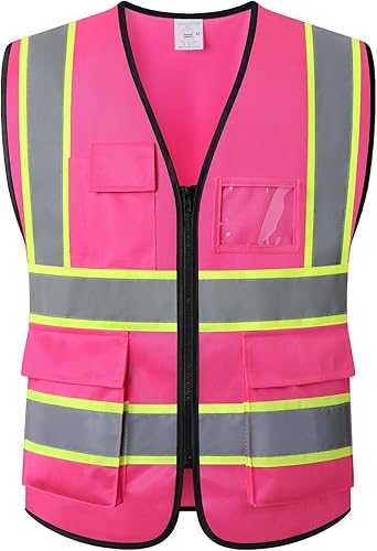 Miniatura 12 de Chaleco de seguridad de malla reflectante para hombres y mujeres, con 5 bolsillos y cremallera frontal, chaleco de malla de alta visibilidad Hi Vis