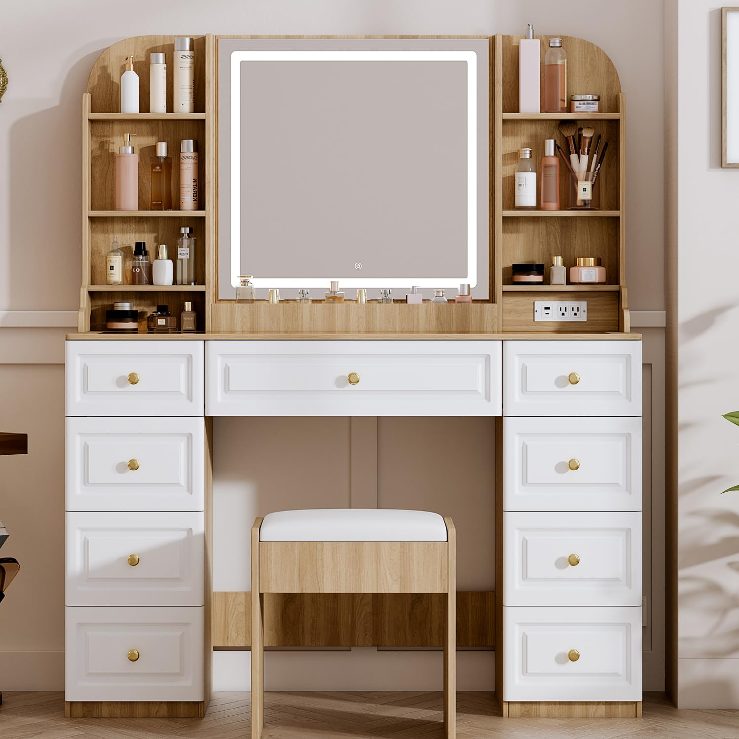 View 1 of **** PARTIAL SET **** Arulvmrn Makeup Vanity Desk with Lights, Power Strip, 9 Drawers, Glass Top - Oak