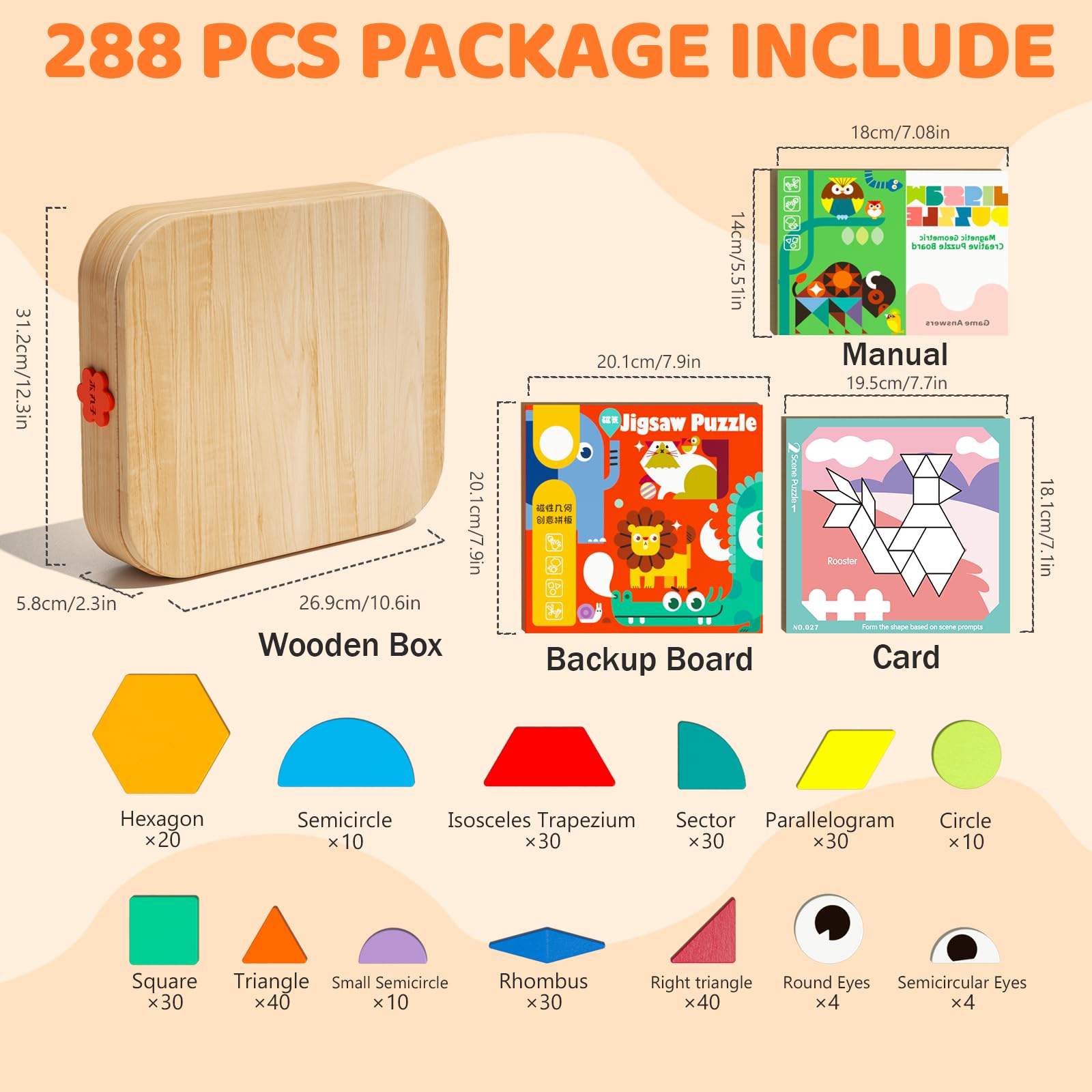 Ensemble de Blocs Magnétiques en Bois avec Cartes, 288 Pcs Jouets de Casse-Tête Magnétiques Créatifs pour Tout-Petits 4-8 Ans, Tangrams Éducatifs pour Enfants Garçons Filles 4 5 6 7 8