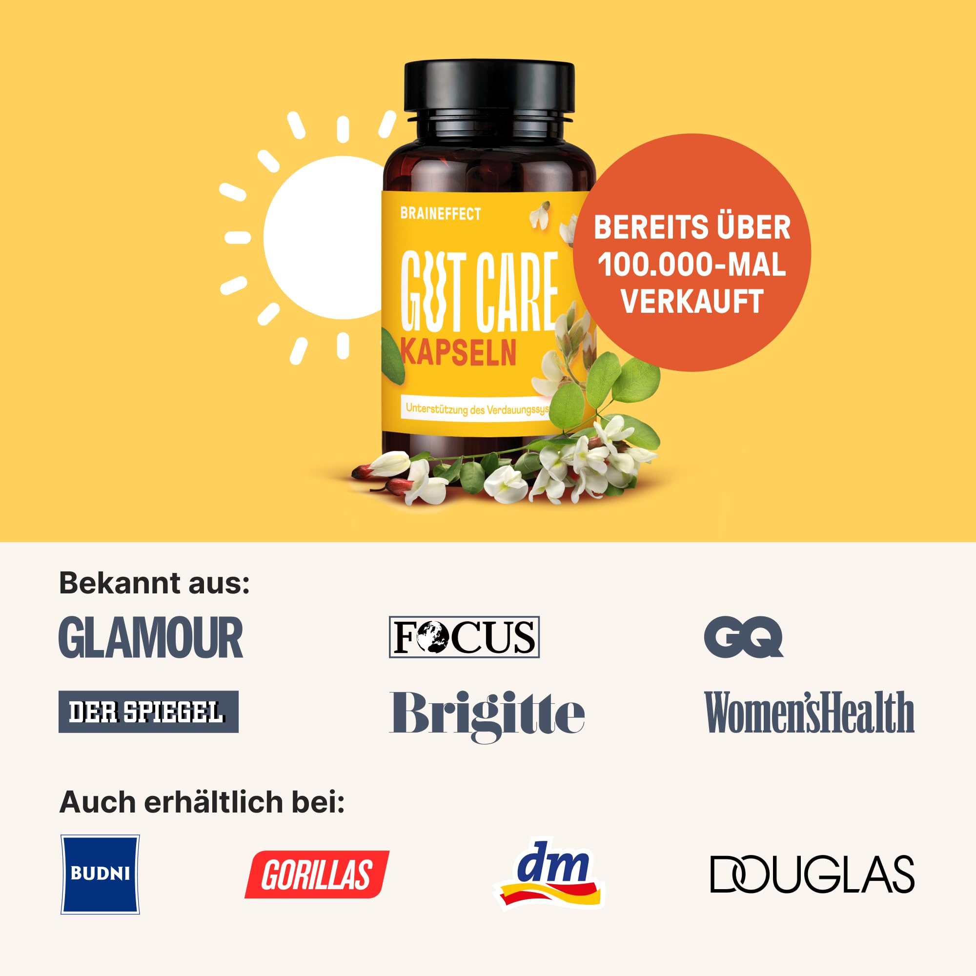 BRAINEFFECT GUT CARE Kapseln – 21 Stämme 20 Mrd KBE – 60 Stk mit Calcium | 21 Bakterienstämme hochdosiert (20 Mrd. KBE) mit Bio Inulin und Calcium für die gesunde Funktion von Verdauungsenzymen.