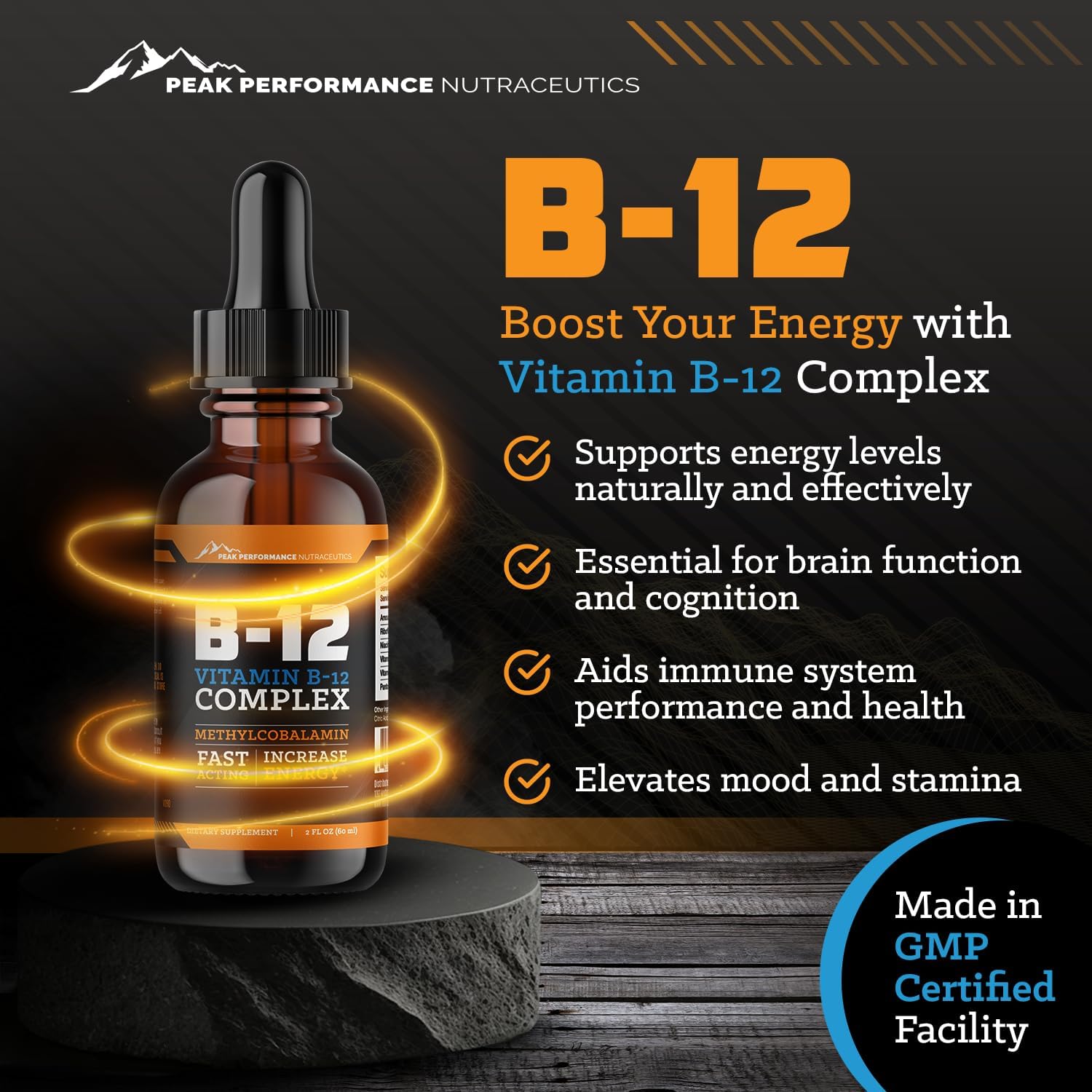 Peak Performance Vitamin B12 Sublingual Drops - B12 1000 mcg Methylcobalamin Liquid for Energy and Metabolism Booster | B12 Vitamin Dietary Supplement | 60ml