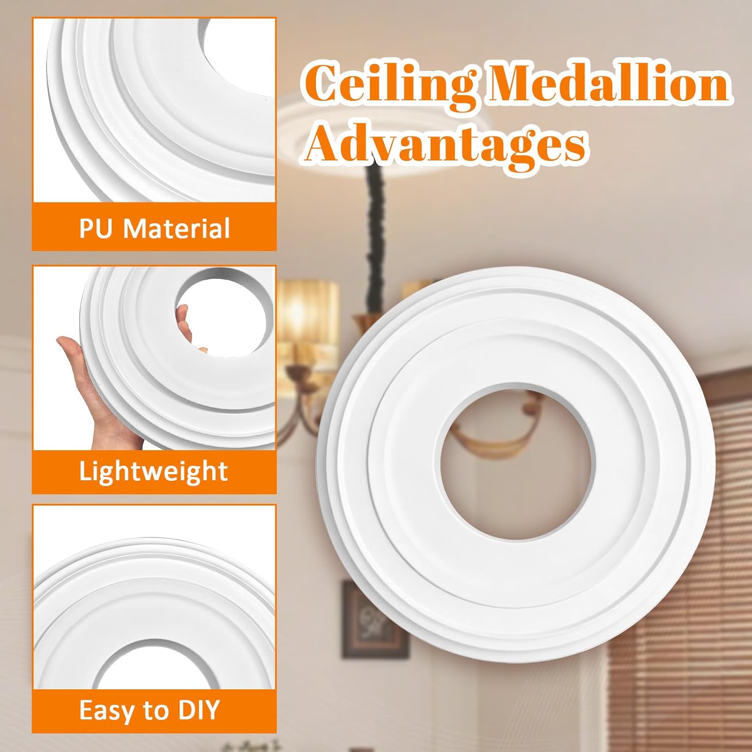 2 Pack Ceiling Medallion for Light Fixtures and Ceiling Fans, 12" OD x 4" ID x 1"P Molded PU Decorative Ceiling Medallions Plate (White)