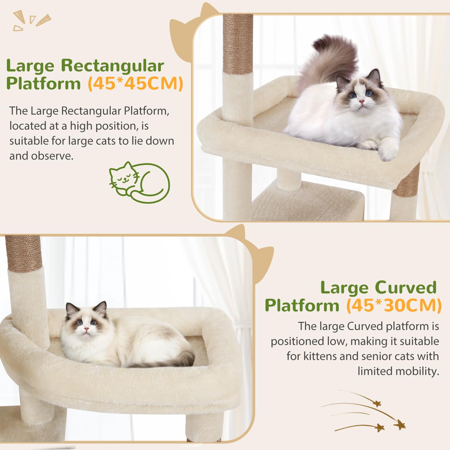 Globlazer Arbre a Chat XXL Beige pour Gros Chat 189 cm avec 2 Grande Niches 45 * 30CM, 3 Plateforme Rembourrée, 2 Panier, Peluche Jouets, Arbres à Chats XXL pour Grande Chats Intérieur (F74F, Beige)