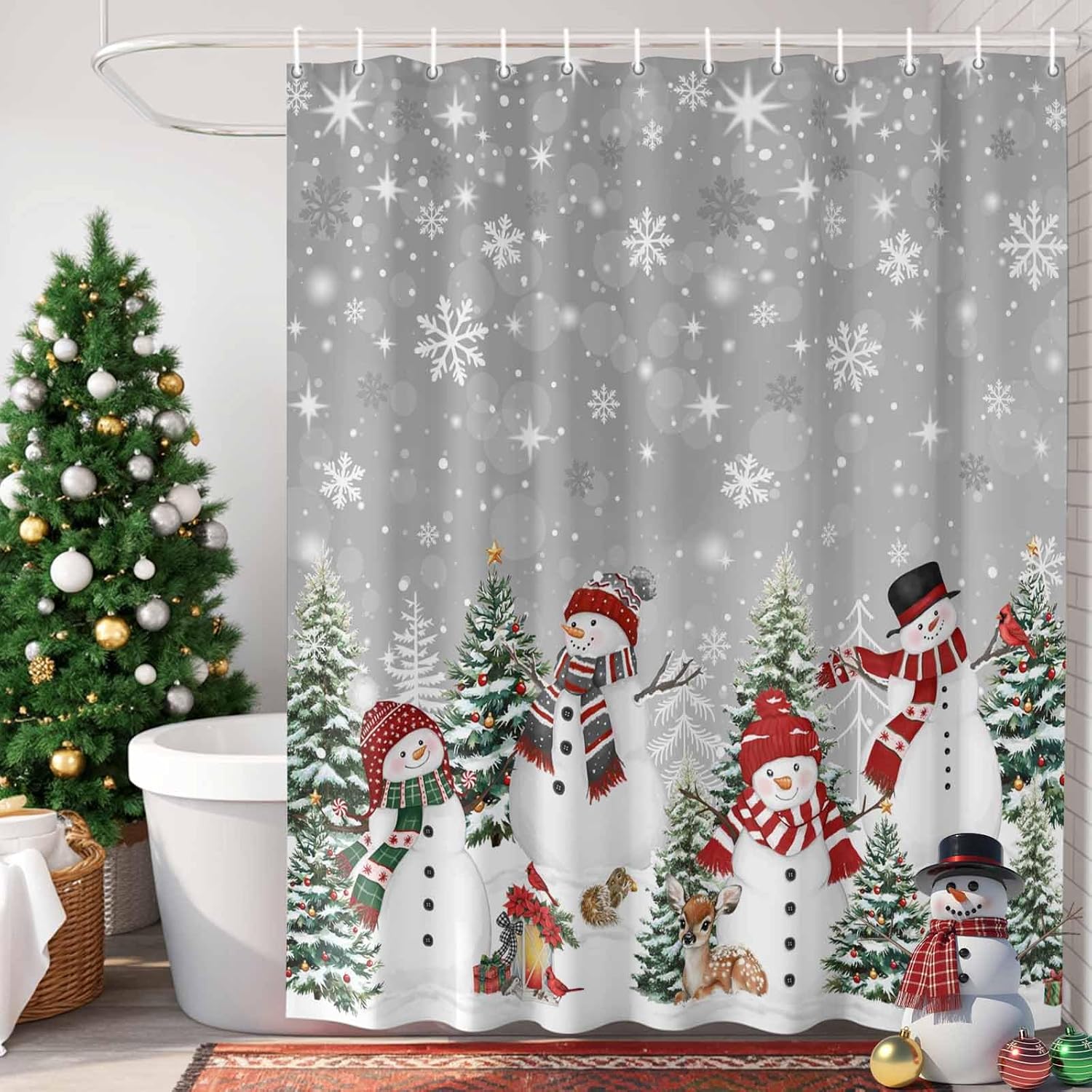 Grey Christmas Waterproof Shower Curtains Set - Extra Long Shower Curtain 72 x 96 Inch, Snowman Xmas Tree Snowflake Winter Polyester Fabric Bathroom Curtain with 12 Hooks, Bathroom Accessories