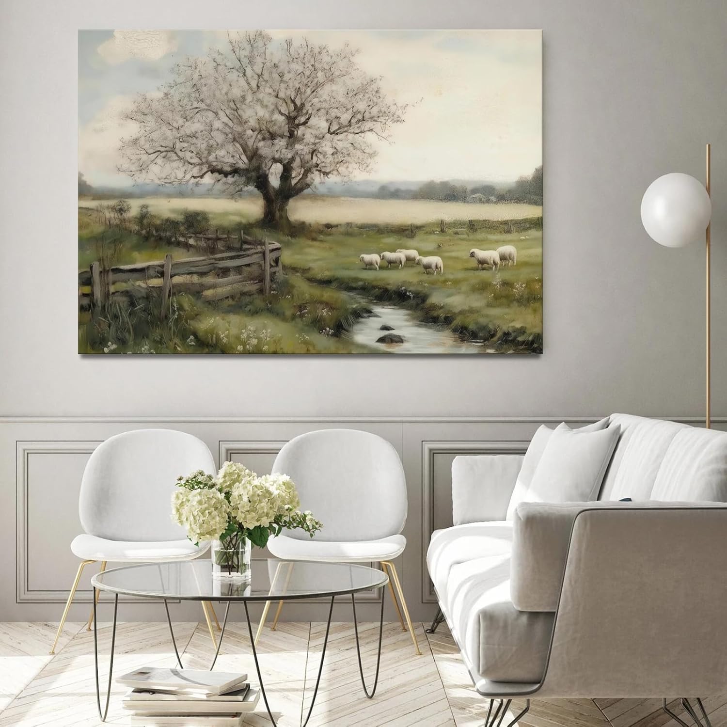 LXZNRQU Rustic Farmhouse Sheep Pasture Wall Art, Countryside Landscape Cottagecore Wall Decor, Pastoral Spring Scene Framed Poster Ready To Hang (Wrapped Canvas,16×24 inch)