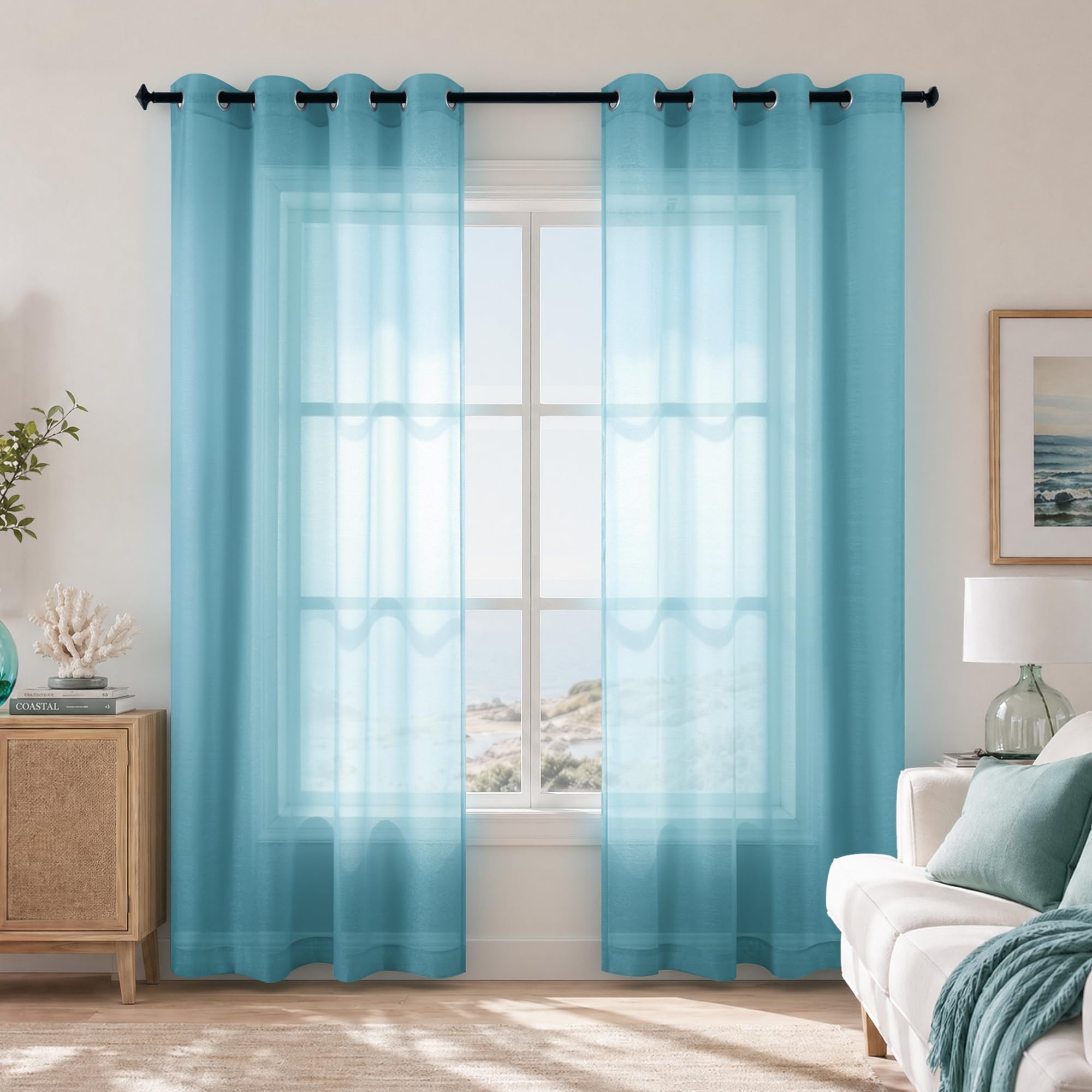KOUFALL Teal Curtains 84 Inch Length for Living Room 2 Panels Set,Sheer Grommet Beach Curtains for Bedroom Girls,52x84 Inches Long,Dark Teal