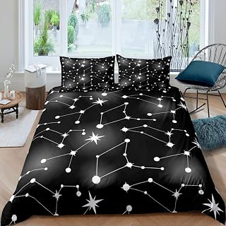 Kids Galaxy Constellation Duvet Cover Outer Space Themed Comforter Cover Black White Starry Sky Bedding Set For Kids Adults Milky Way Bedspread Cover Room Decor Single Size Bedclothes Zipper