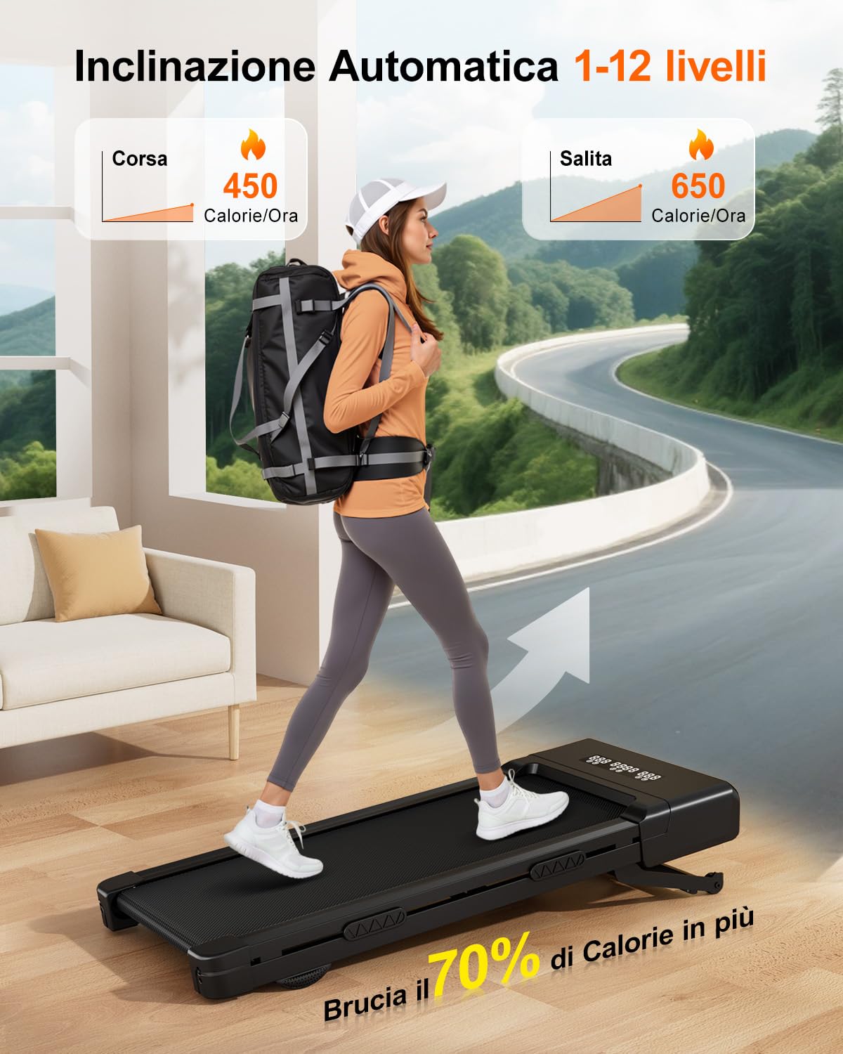 Superun Tapis Roulant Salvaspazio Pieghevole 1-6km/h con Inclinazione 9%,Tapirulan Elettrico Pieghevole 3,0 CV Mini Walking Pad Massima di 136 kg,Schermo LED, Telecomando, Controllo tramite APP