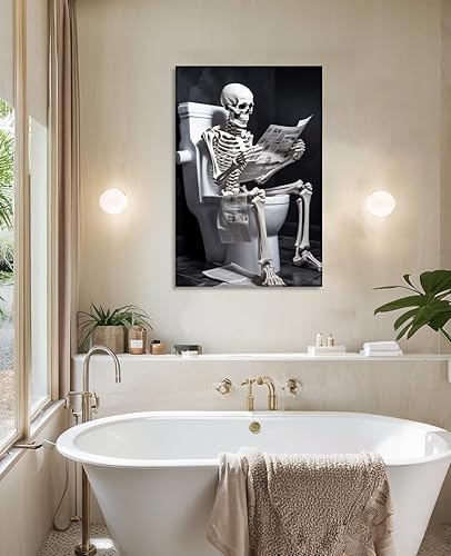 Miniatura 2 de Lienzo decorativo para pared, decoración de baño, esqueleto sentado en el inodoro, leyendo el periódico, imagen divertida de calavera, obra de arte