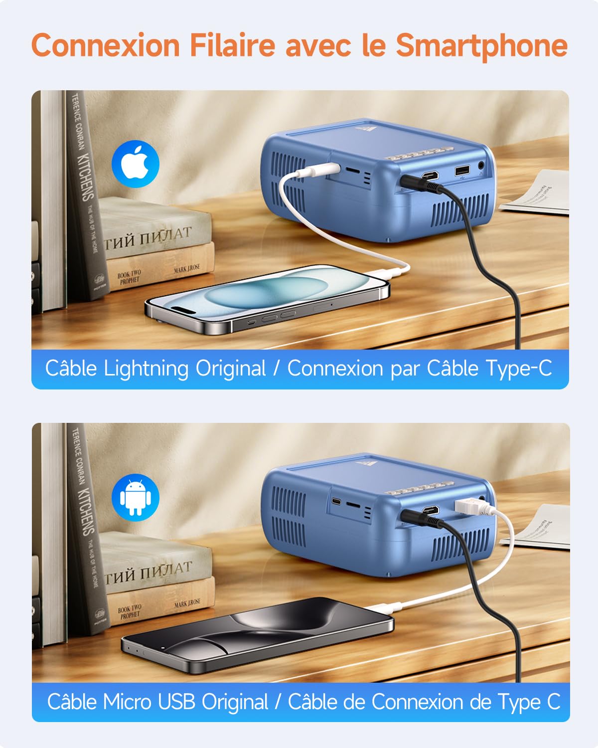 Mini Projecteur Video 4K 1080P Supporte, Videoprojecteur Portable avec WiFi et Bluetooth 5.4, Projecteurs Vidéo avec Haut-Parleur pour Téléphone/HDMI/USB/Clé TV(Bleu argenté)