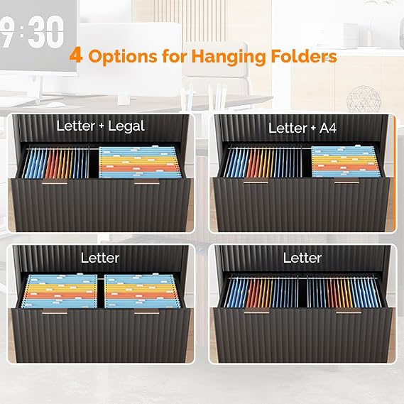 VINGLI 2 Drawer File Cabinet, Home Office Filing Organizer, Modern Style Fluted Design, Wood Lateral Filing Cabinet Printer Stand, Archivador, Fits Letter Legal A4 Size File Folder Storage, Black