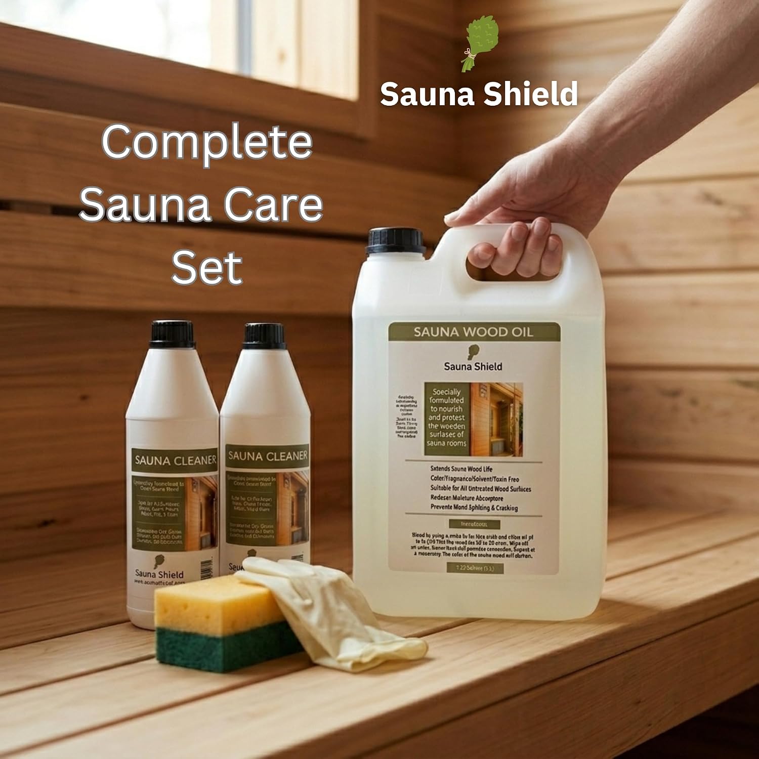 Sauna Care Set – Sauna Wood Oil (1.32 Gallons) & Sauna Cleaner (67.6 fl oz) with Applicator Sponge & Gloves | Protects, Cleans & Nourishes Sauna Wood | For Traditional & Infrared Saunas