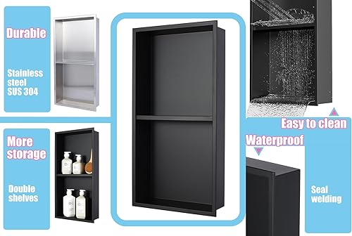 Miniatura 7 de Nicho de ducha de acero inoxidable de doble capa negro mate de 12 x 24 pulgadas, no necesita azulejos, nicho de pared empotrado