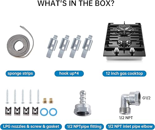 Miniatura 8 de Placa de cocina de gas de 12 pulgadas, 2 quemadores, estufa de propano con protección de termopar, GLPNG de doble combustible integrado de vidrio