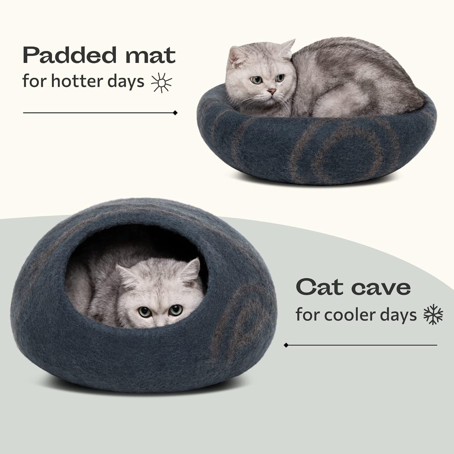 MEOWFIA Cat Cave - Premium Felt Cat Bed for Indoor Cats Handmade Merino Wool (Slate Grey, Large) - Image 3