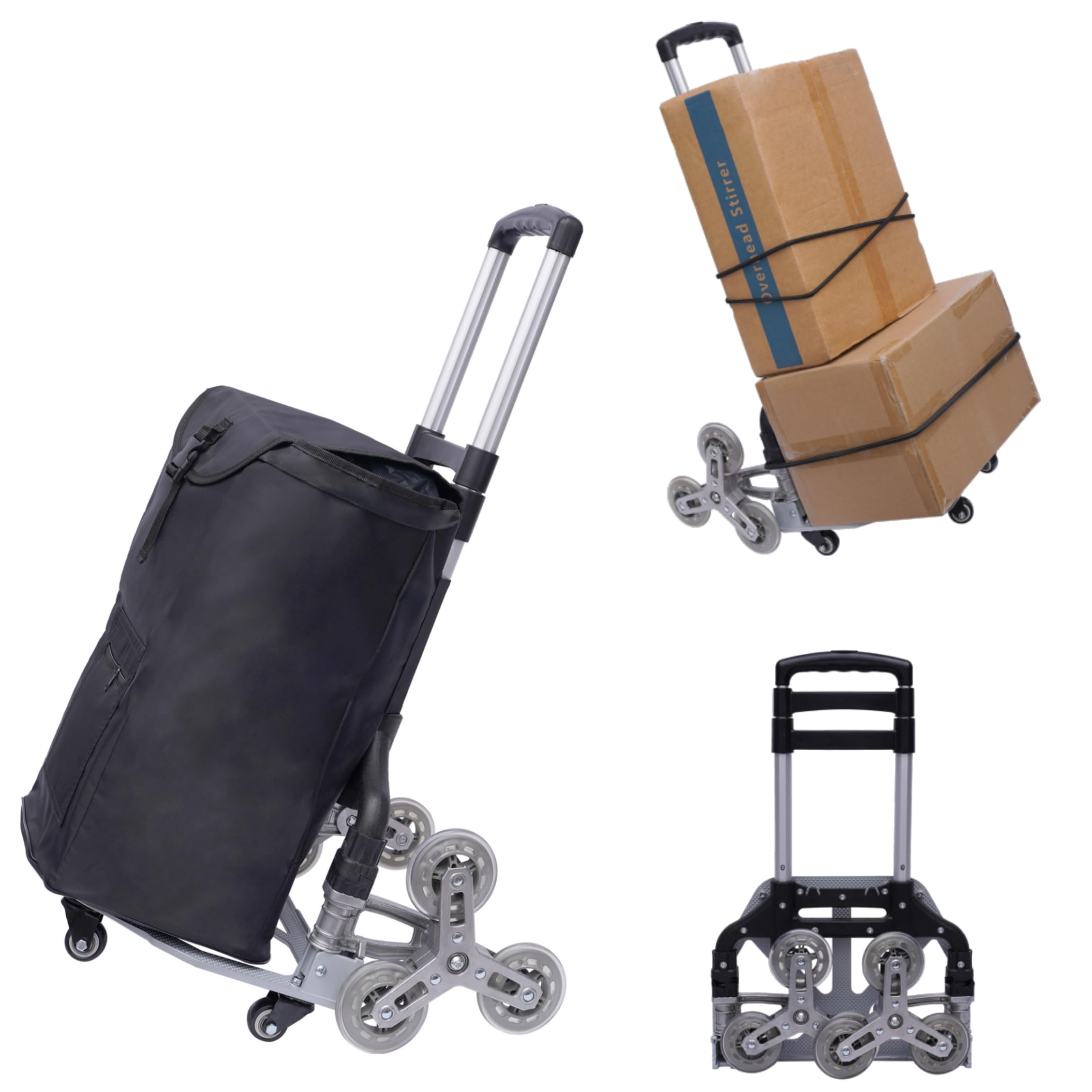 Einkaufstrolley Treppensteiger Sackkarre Bis 75KG, Treppensackkarre Klappbar Extra Langer Teleskopgriff 100cm mit wasserdichte Canvas Tasche Elastisches Seil Stumme Anti-Rutsch-Räder
