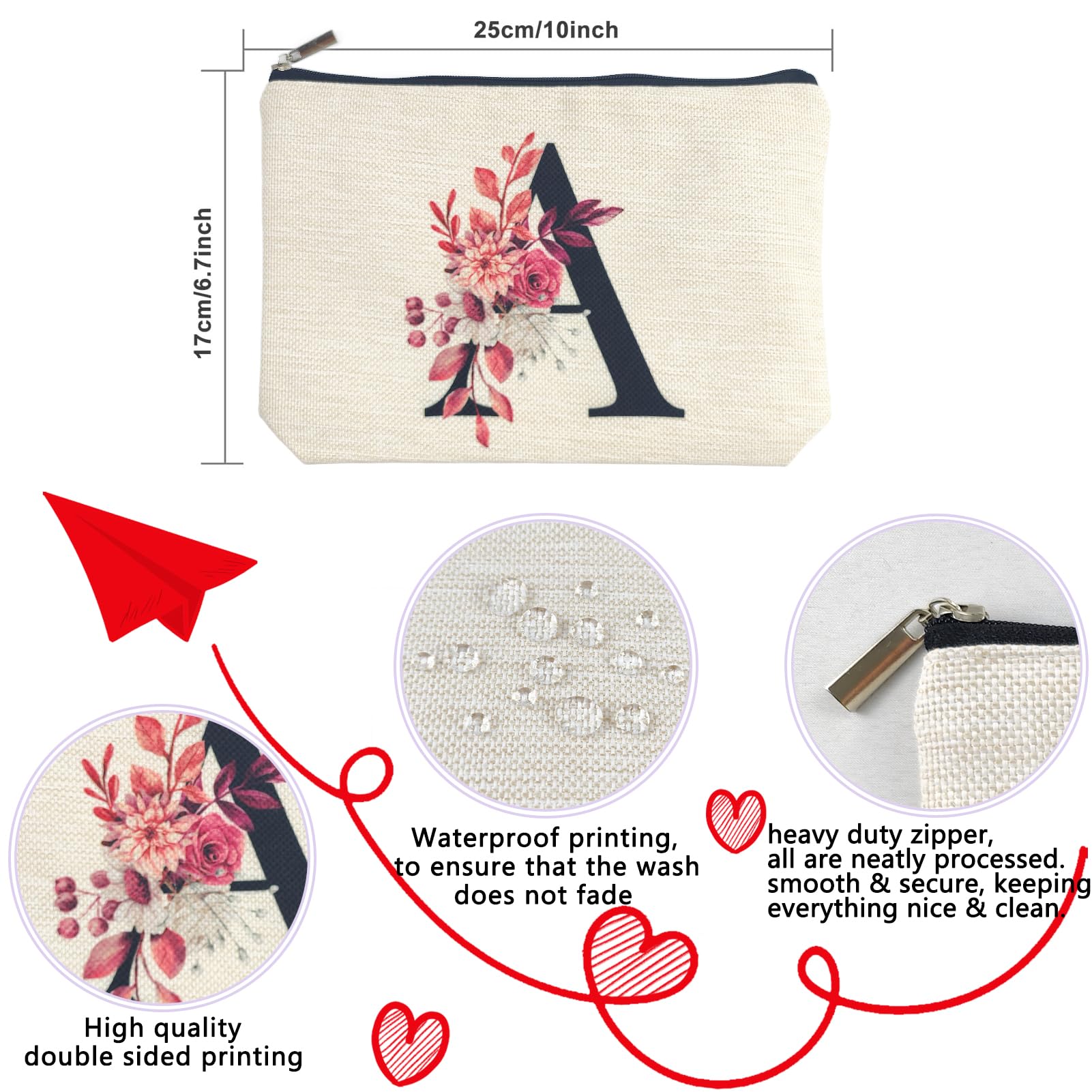 Initial A-Z Personalized Floral Makeup Bag, Monogrammed Birthday Gifts for Women Mom, Mothers Day Christmas Gift Ideas for Best Friend, Bride Bridesmaid, Her, Grandma, Small Travel Cosmetic Bag (A)