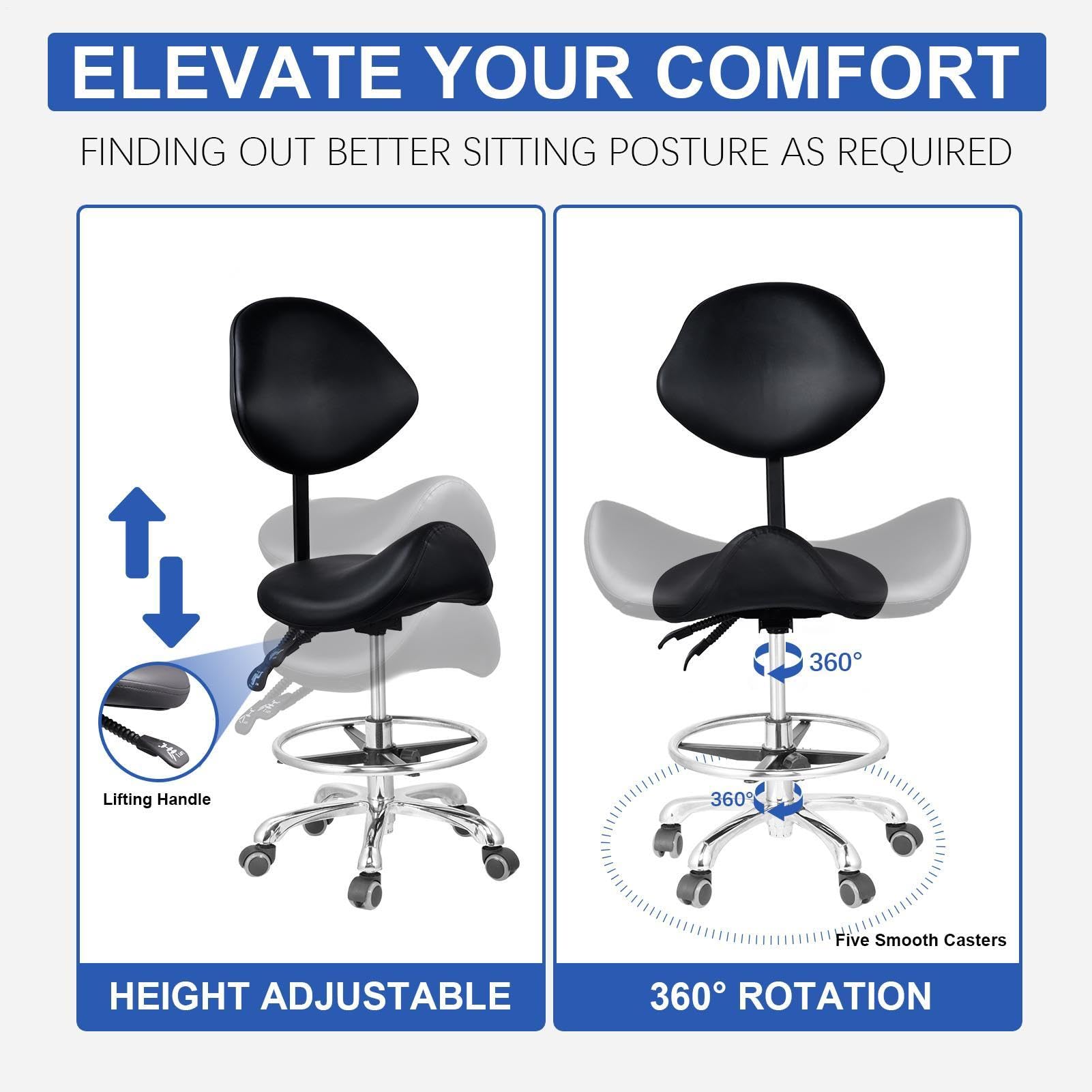 Taburete de Sillín con Respaldo Ajustable, Giratorio, Hidráulico, de | Silla Ergonómica Tipo Sillín Con Reposapiés Para Spas, Salones De Belleza, Masajes, Clínicas Y Oficina En