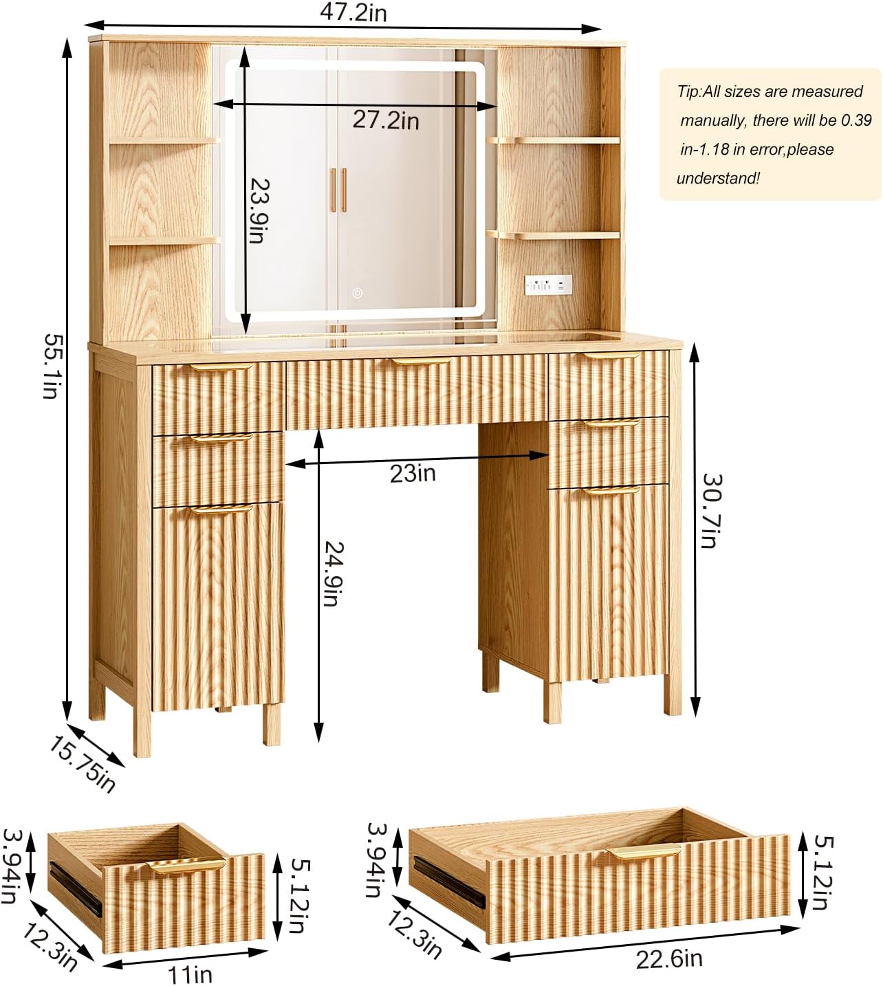 Vanity Desk with Large 27.2" Mirror and Lights 47.2" Fluted Makeup, 5 Drawer Vanity with Power Strip, 4 Open Shelves, 2 Cabinet, Modern Bedroom Vanity Featuring Visual Transparent Glass. Wood