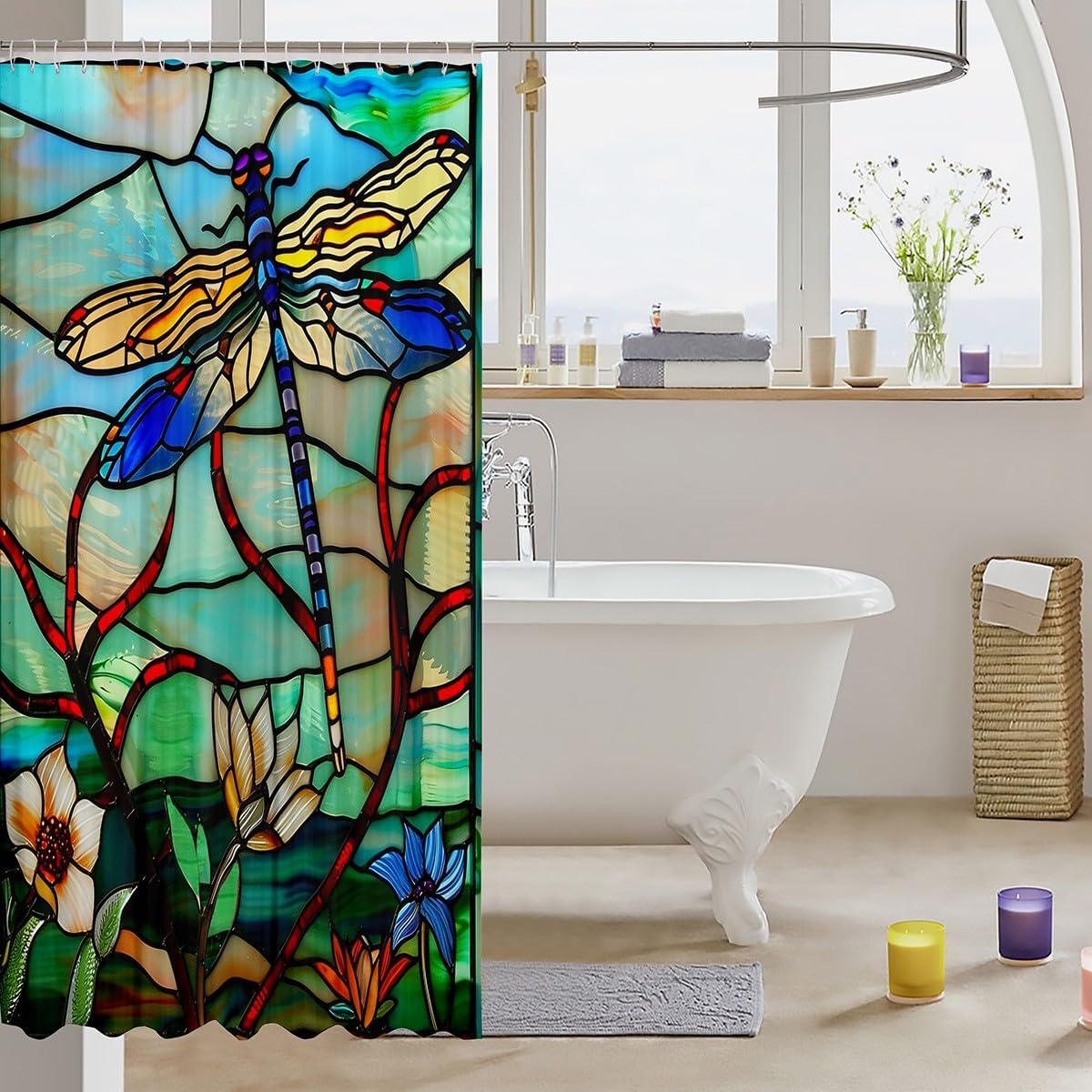 Erosebridal Boho Dragonfly Bathroom Curtain, 84" W x 72" L, Blue Green, Waterproof, Dragonfly Pattern, Modern Style, Grommet Top, 1 Count, Fits 1-1.5" Rod, Shower Curtain for Girls Bathroom