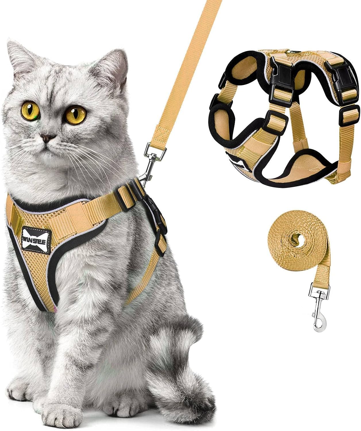 WINSEE Cat Harness and Leash Set Escape Proof Safe Cat Vest Harness for Walking Outdoor Reflective Adjustable Soft Mesh Pet Harness Easy Control Breathable Jacket for Small Medium Large Cats,Brown,XS