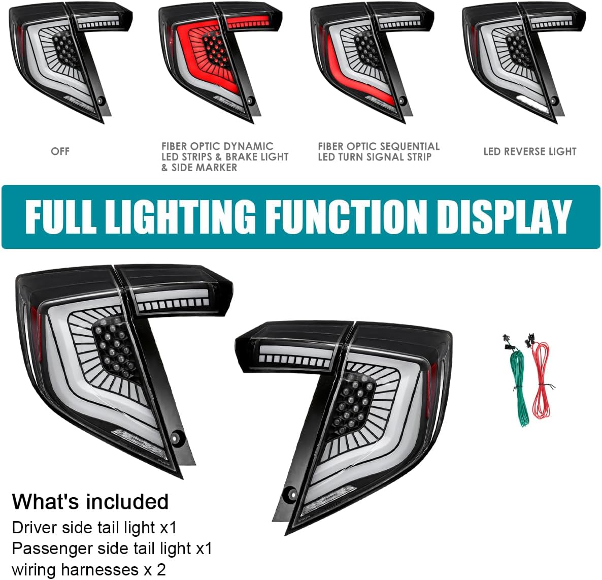 SPEC-D TUNING Black LED Tail Lights w/LED Sequential Turn Signals and Startup Animation Compatible with 2017-2021 Honda Civic Hatchback, Left + Right Pair Headlamp Assembly