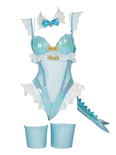 Mobbunny Anime Derivative Cosplay Costume for Women Blue Shiny Leather Bodysuit Translucent Lingerie with Headpiece - Large - Blue