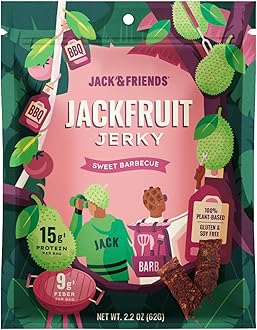 Jack & Friends Jackfruit Jerky Sweet BBQ - Plant Based Vegan Jerky Snack, Healthy Meatless Jerky Alternative Made from Jackfruit - 15g Protein, 9g Fiber, Gluten Free, Soy Free, Low Sugar - 2.2 oz (1 Pack)