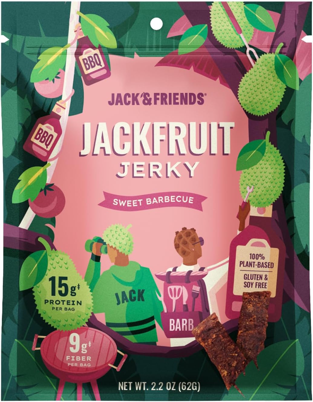Jack & Friends Jackfruit Jerky Sweet BBQ - Plant Based Vegan Jerky Snack, Healthy Meatless Jerky Alternative Made from Jackfruit - 15g Protein, 9g Fiber, Gluten Free, Soy Free, Low Sugar - 2.2 oz (1 Pack)