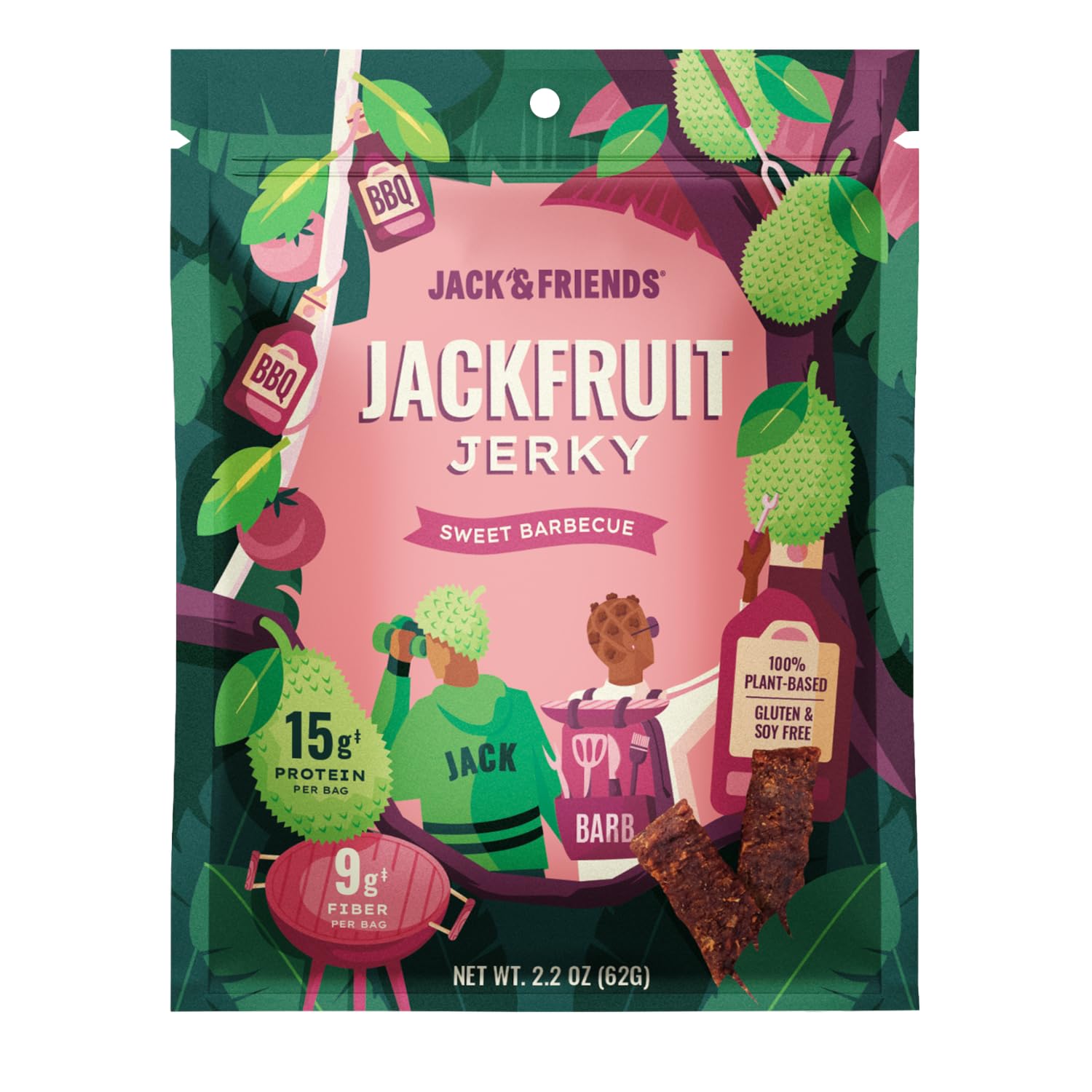 Jack & Friends Jackfruit Jerky - Sweet BBQ - 15g Protein - 9g Fiber - 100% Plant Based Jerky - Gluten Free - Soy Free - Vegan - Low Sugar - All Natural Ingredients - 2.2 oz (Pack of 1)