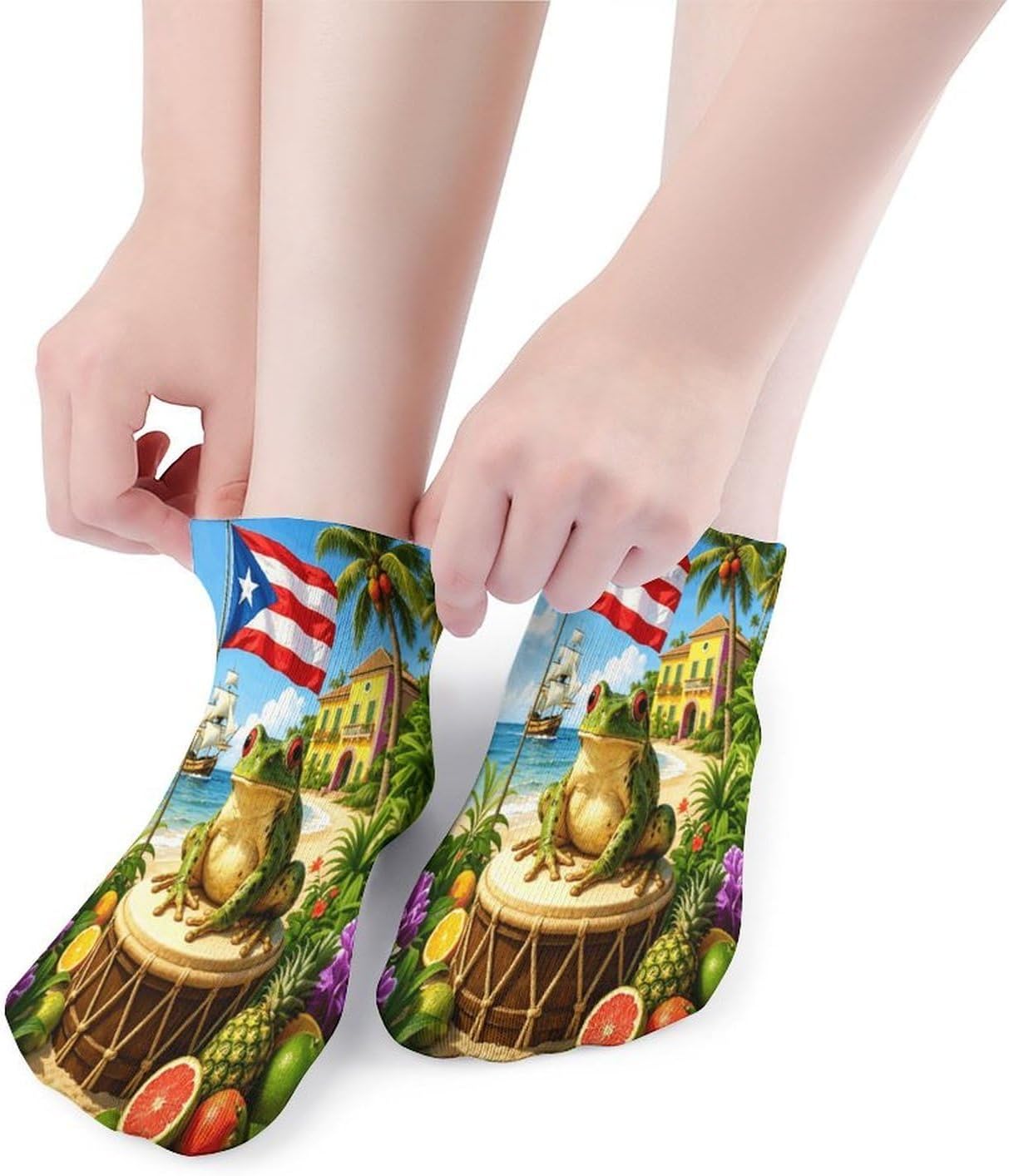 Puerto Rican Flag Frog 5Pairs Low Cut Ankle Socks for Women No Show Casual Breathable Athletic Socks for Sport