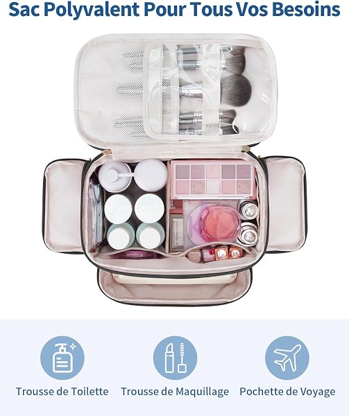 WANDF Trousse de Toilette Voyage, Grand Sac à Maquillage à Ouverture Étendue avec Poignée, Sac Cosmétique Gonflé pour Toiletries, Cosmétiques, Accessoires et Essentiels pour Femmes - 2