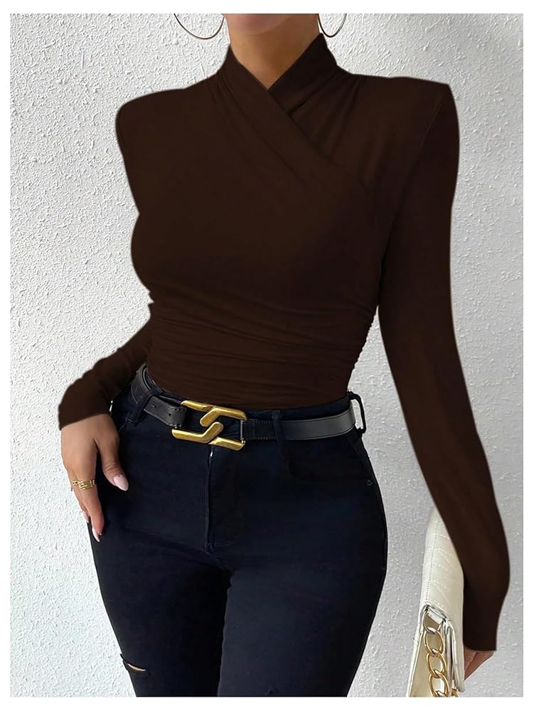 SweatyRocks Women's Ruched Mock Neck Long Sleeve T Shirt