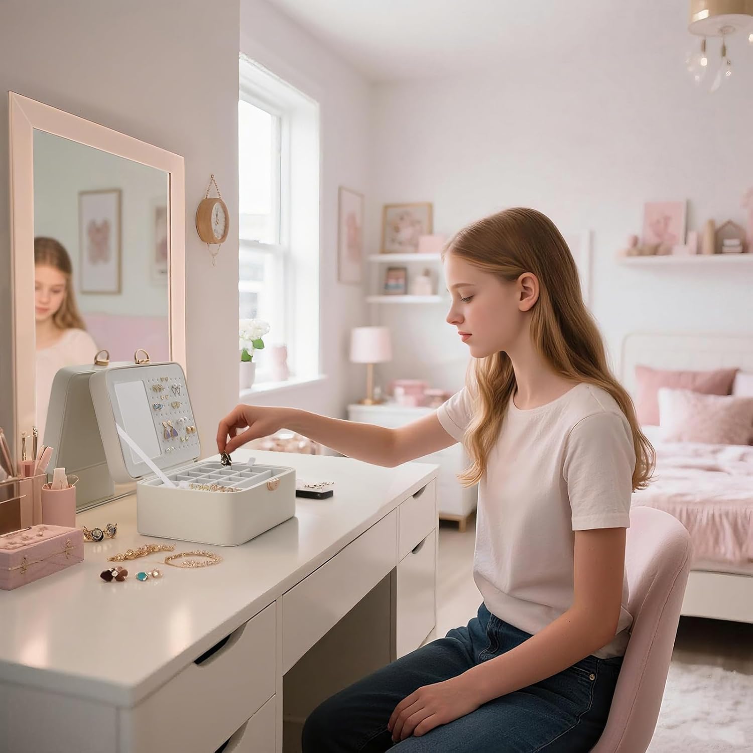 Lolalet 2 Layer Jewelry Box for Teen Girls & Young Women, Jewelry Organizer Case with Round Clasp and Mirror for Earrings Rings Necklaces Storage, Gift Idea -Cloud White