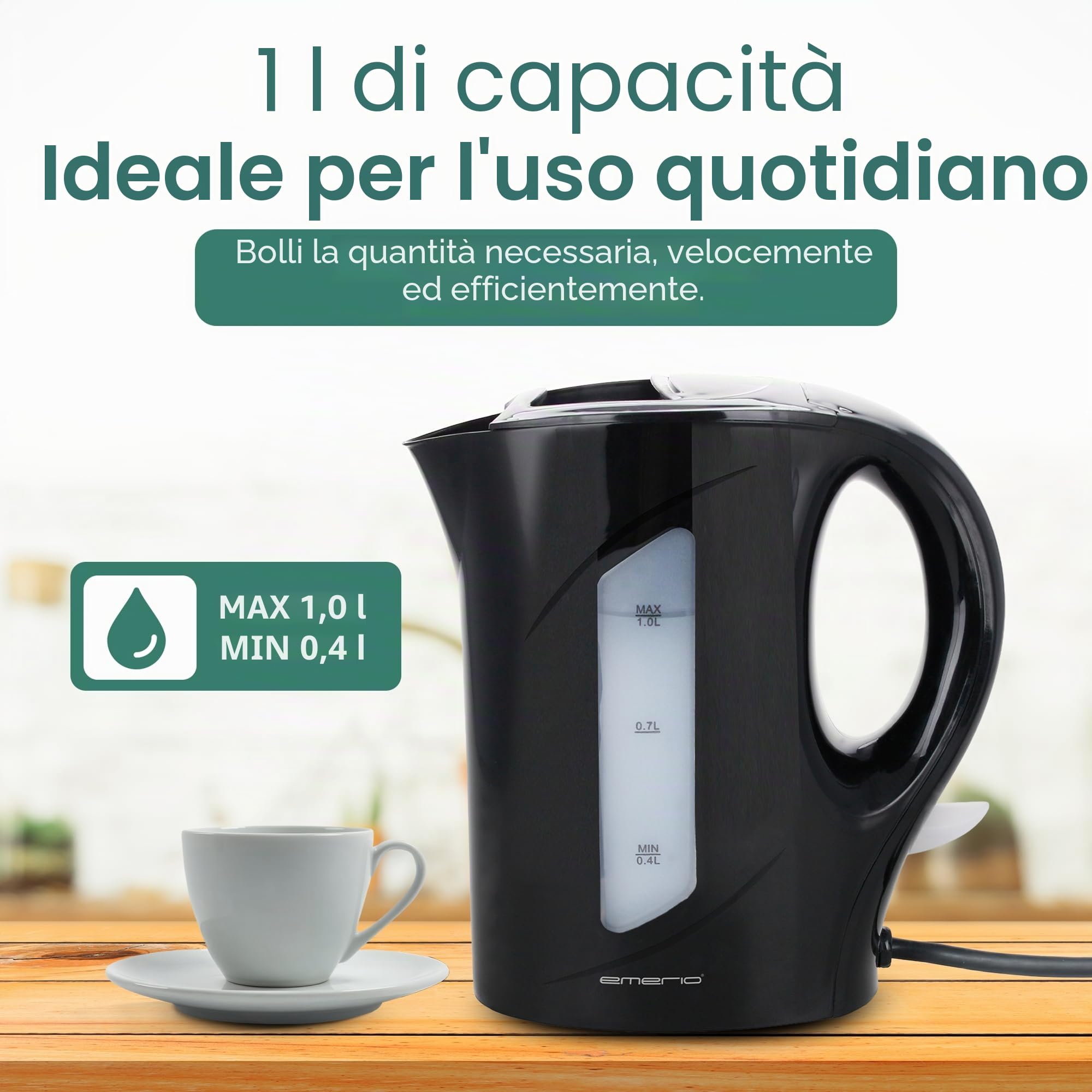 Emerio WK-121616.1 - Bollitore elettrico, 1,0 litri, 900 Watt, indicatore del livello dell'acqua, senza BPA, protezione antigoccia, interruttore on/off illuminato, ideale per casa, campeggio o