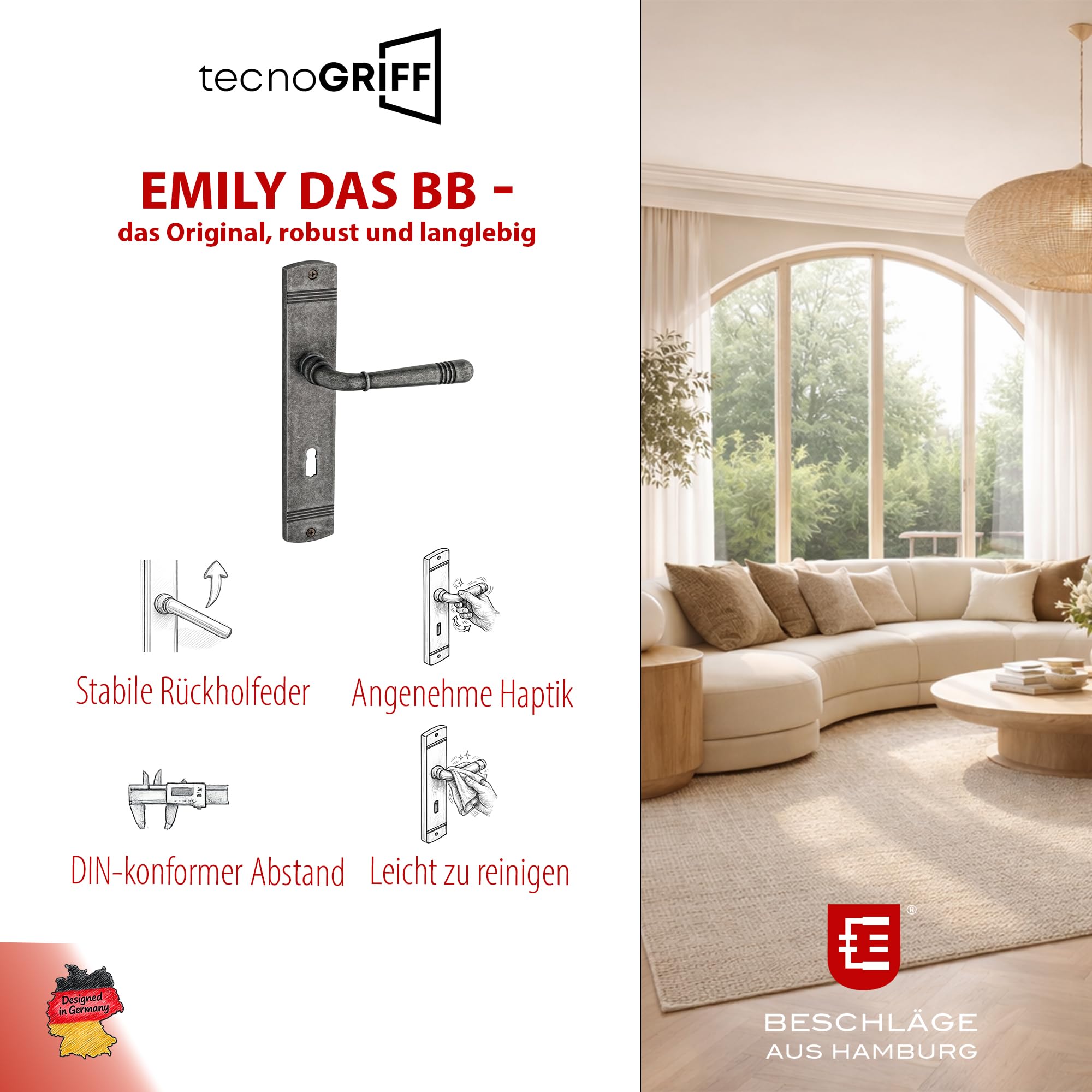 Beschläge Hamburg | Türgriff Türbeschlag | EMILY ART 70-09 DAS BB | Türklinke mit Buntbart Langschild 45x235 mm für Zimmertüren | Drückergarnitur/Türdrücker für Innentüren | in Dark Antique Steel