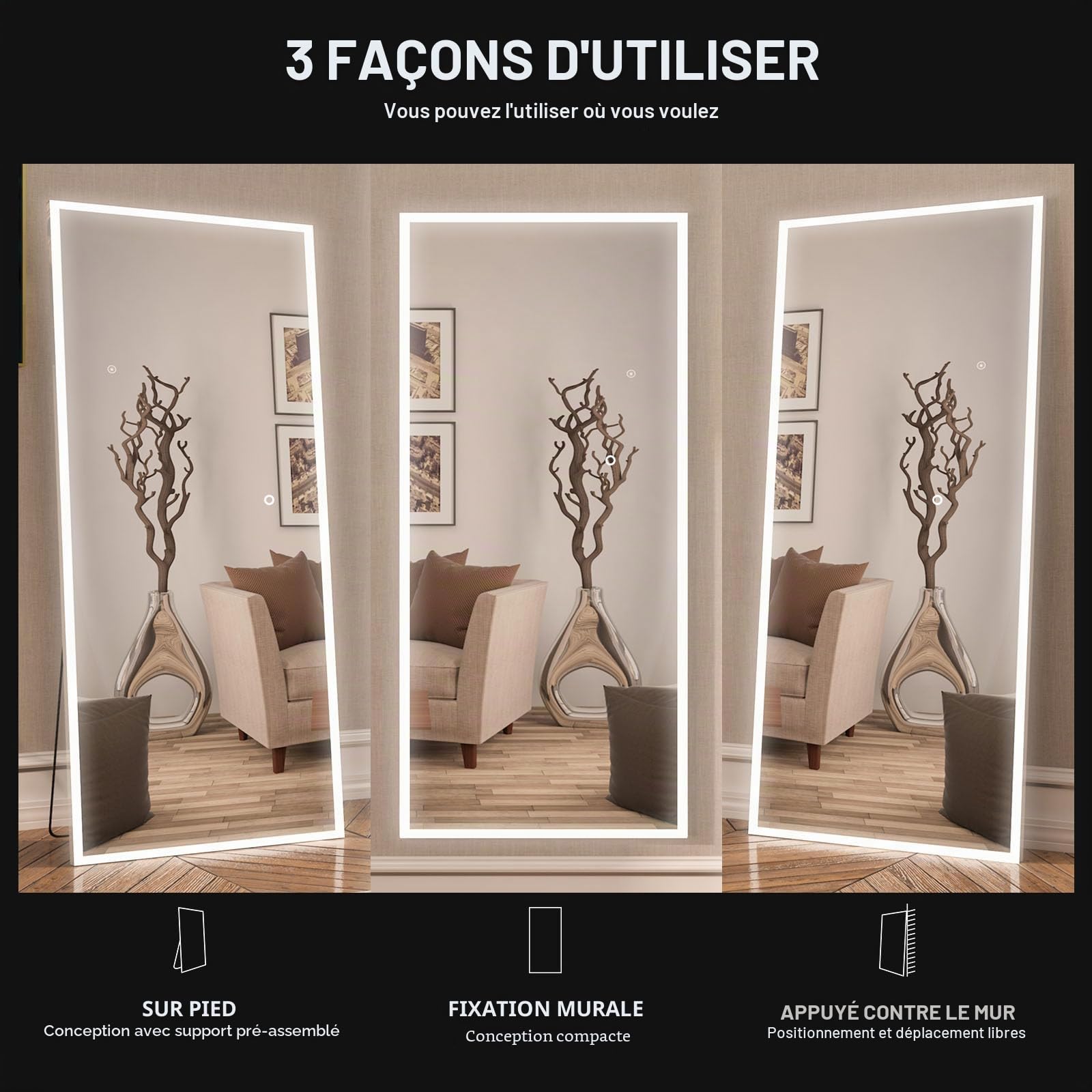 Calissando Miroir sur Pied Pleine Longueur avec Lumière LED 165 x 61 cm Blanc